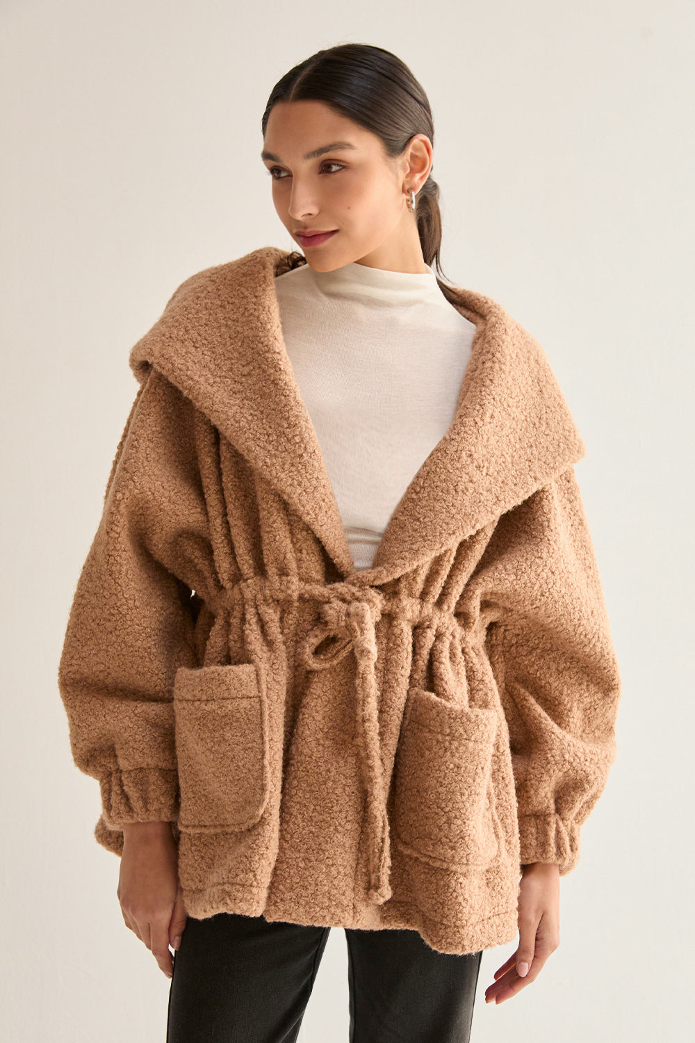 Cinched Waist Hooded Boucle Jacket