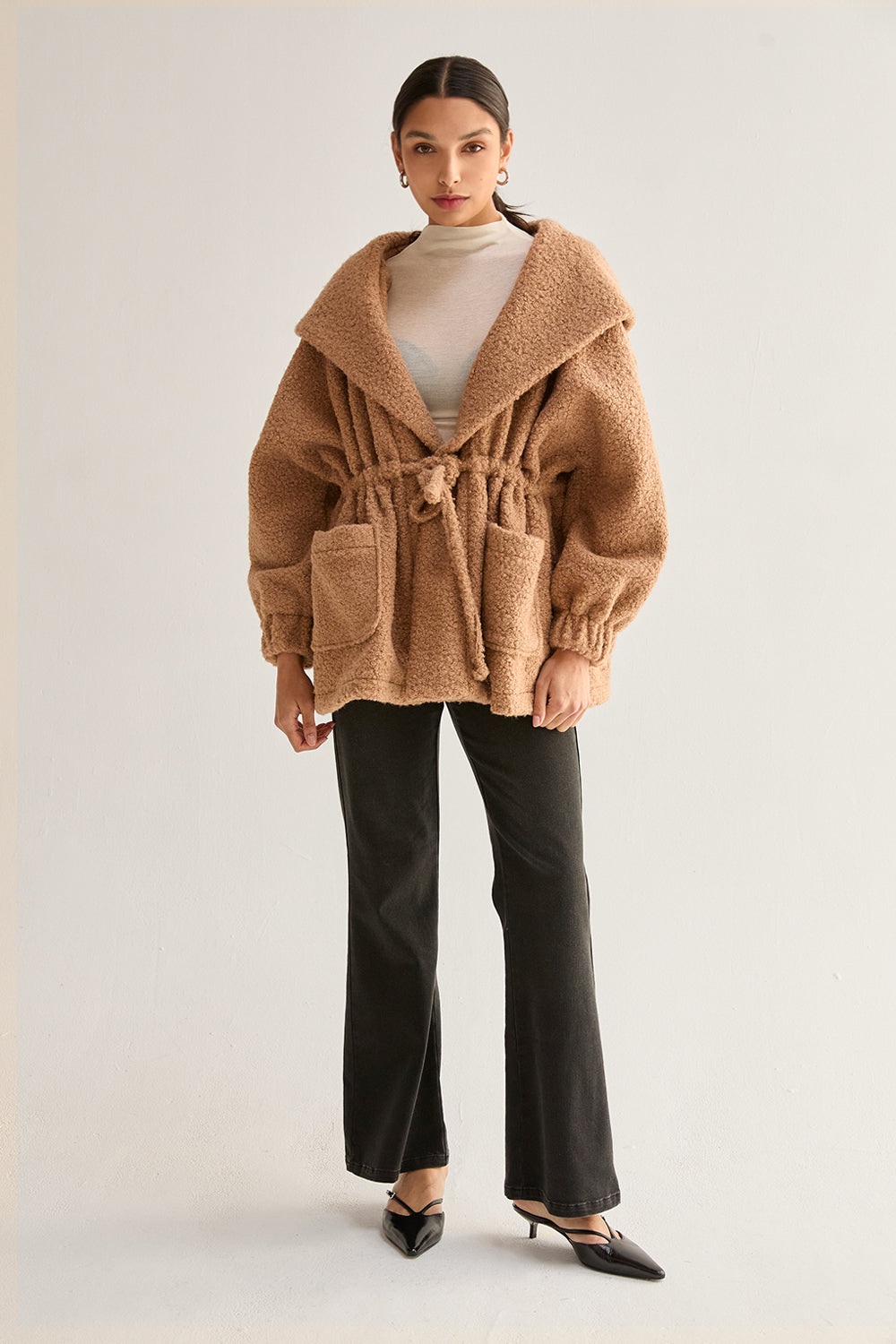 Cinched Waist Hooded Boucle Jacket