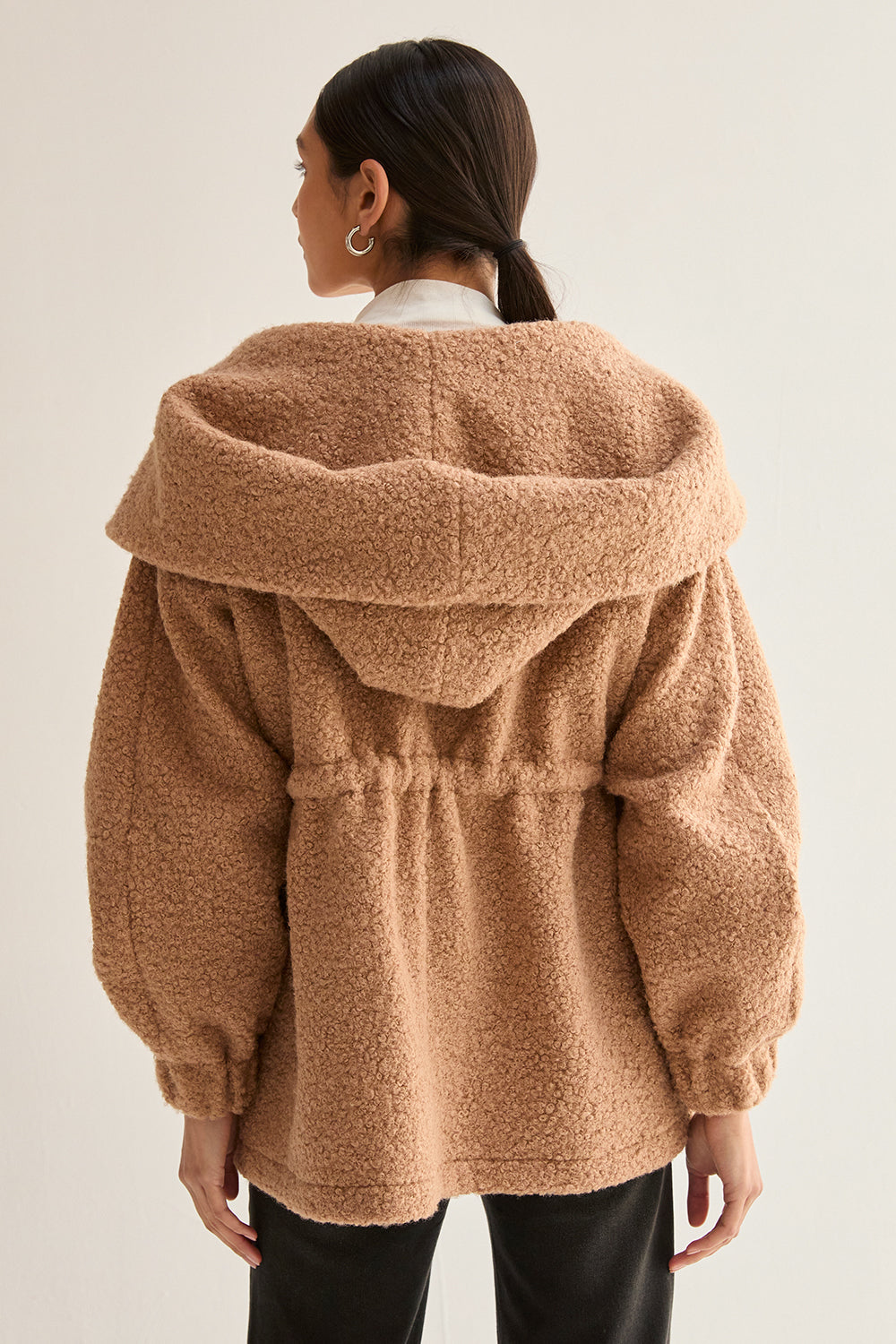 Cinched Waist Hooded Boucle Jacket