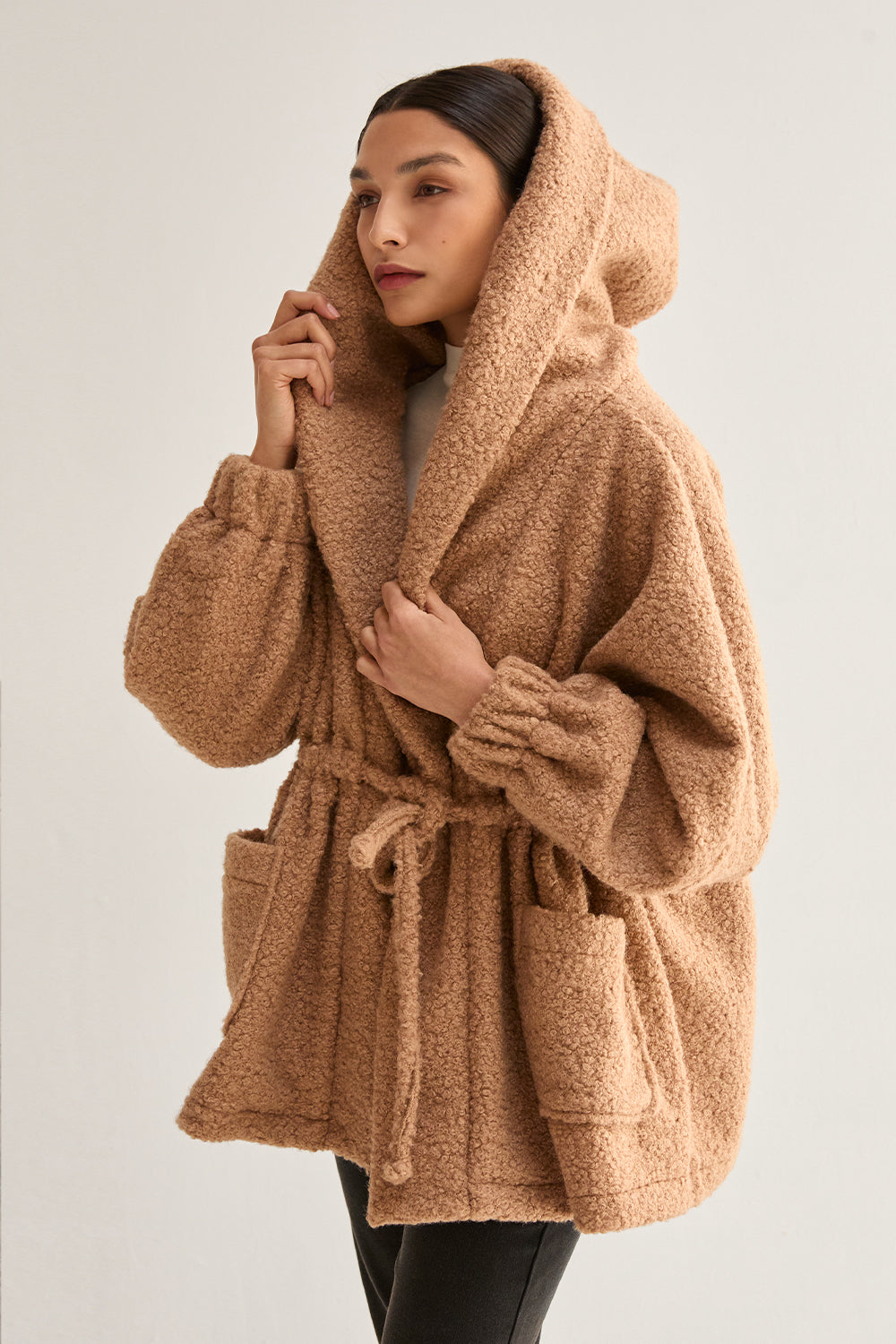 Cinched Waist Hooded Boucle Jacket