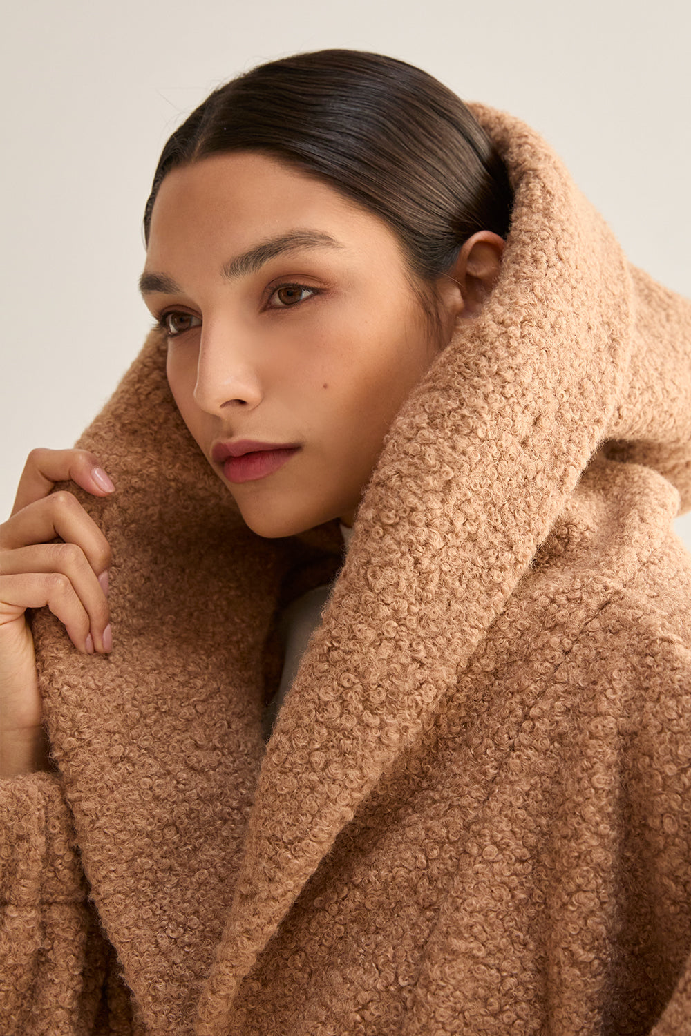 Cinched Waist Hooded Boucle Jacket