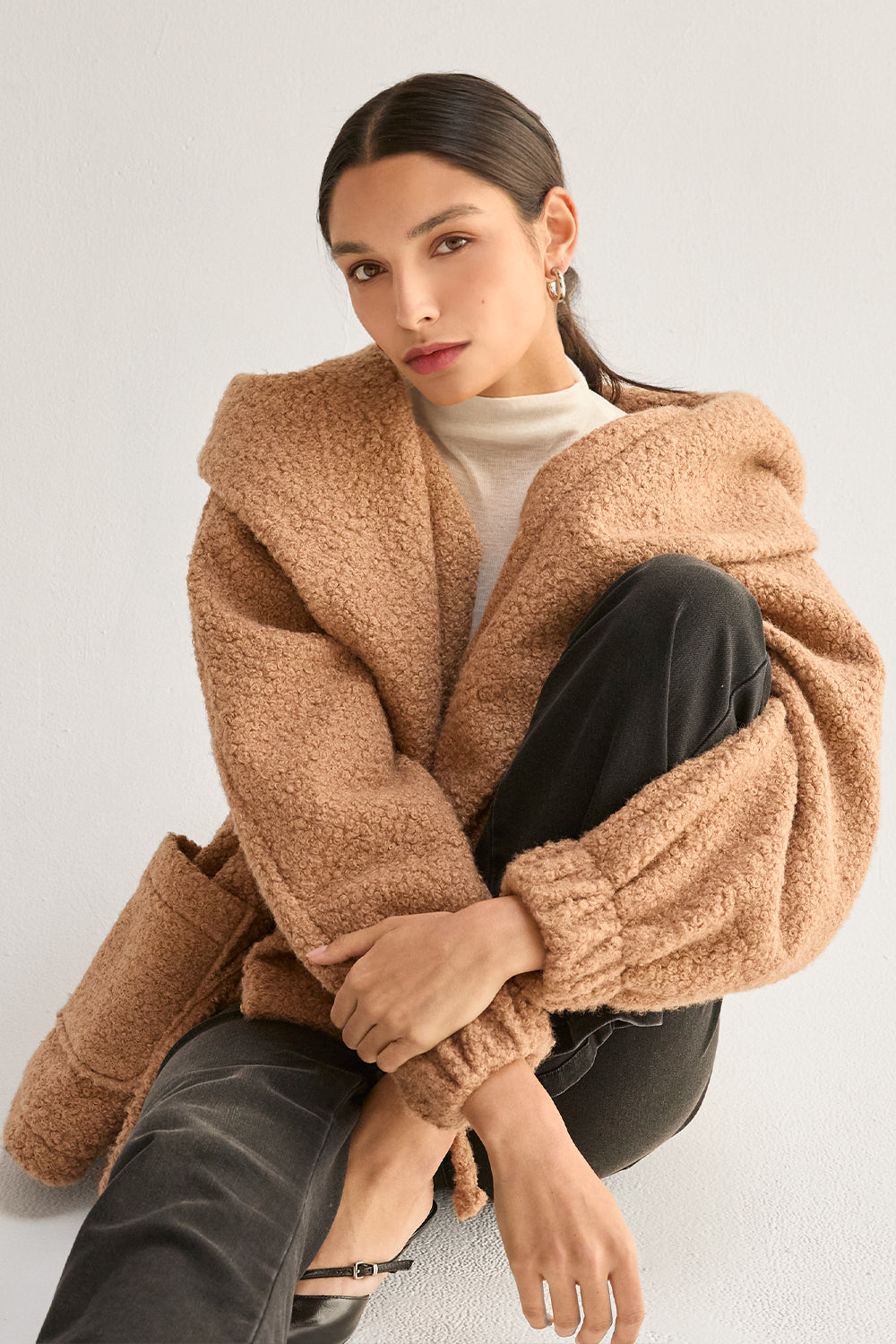 Cinched Waist Hooded Boucle Jacket
