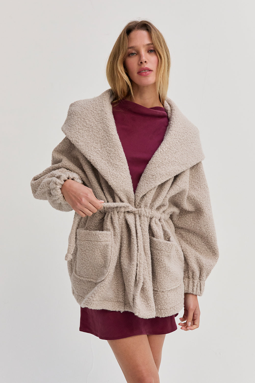 Cinched Waist Hooded Boucle Jacket