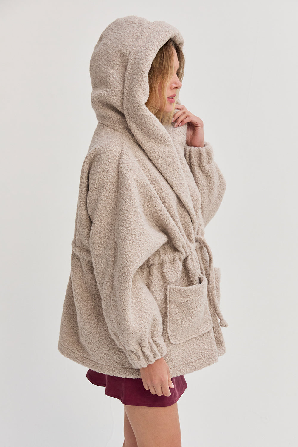 Cinched Waist Hooded Boucle Jacket