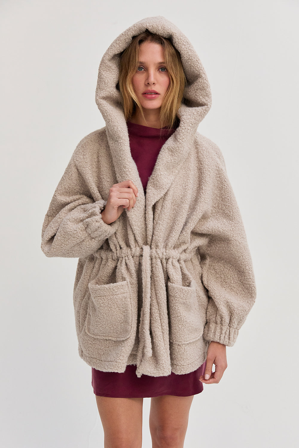 Cinched Waist Hooded Boucle Jacket