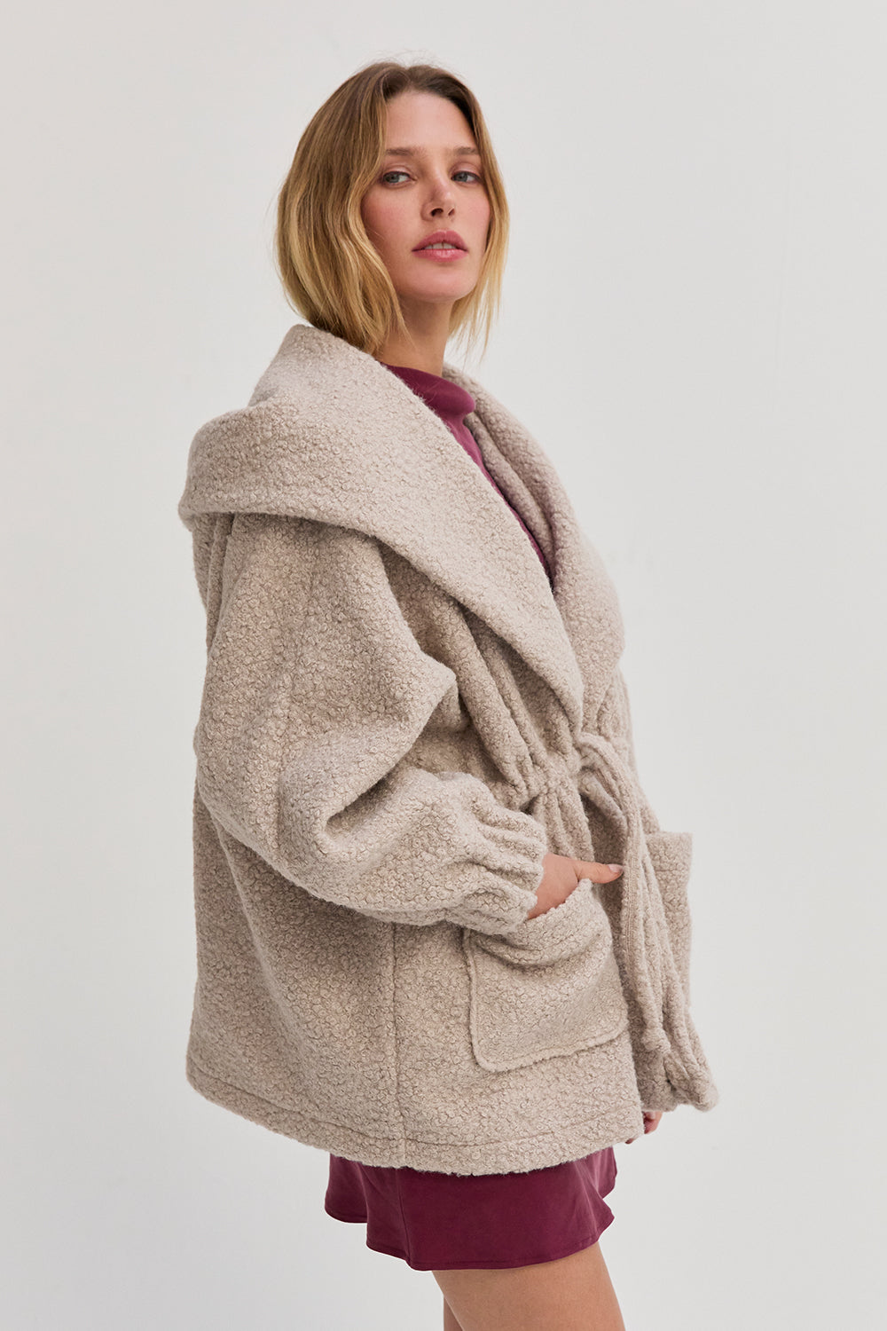 Cinched Waist Hooded Boucle Jacket