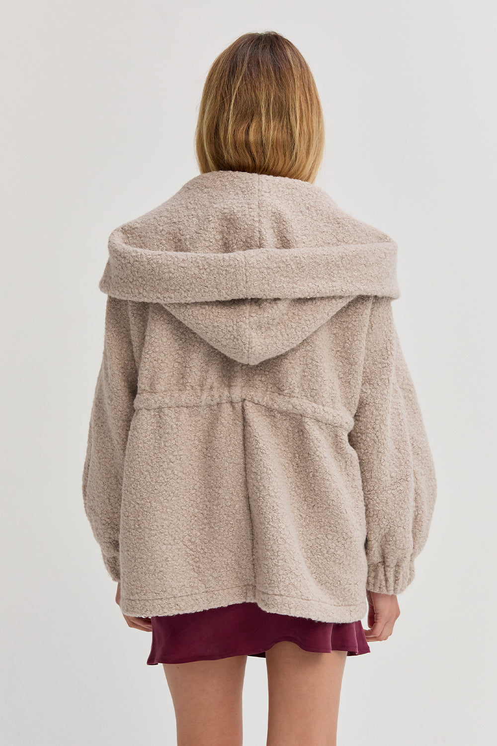 Cinched Waist Hooded Boucle Jacket