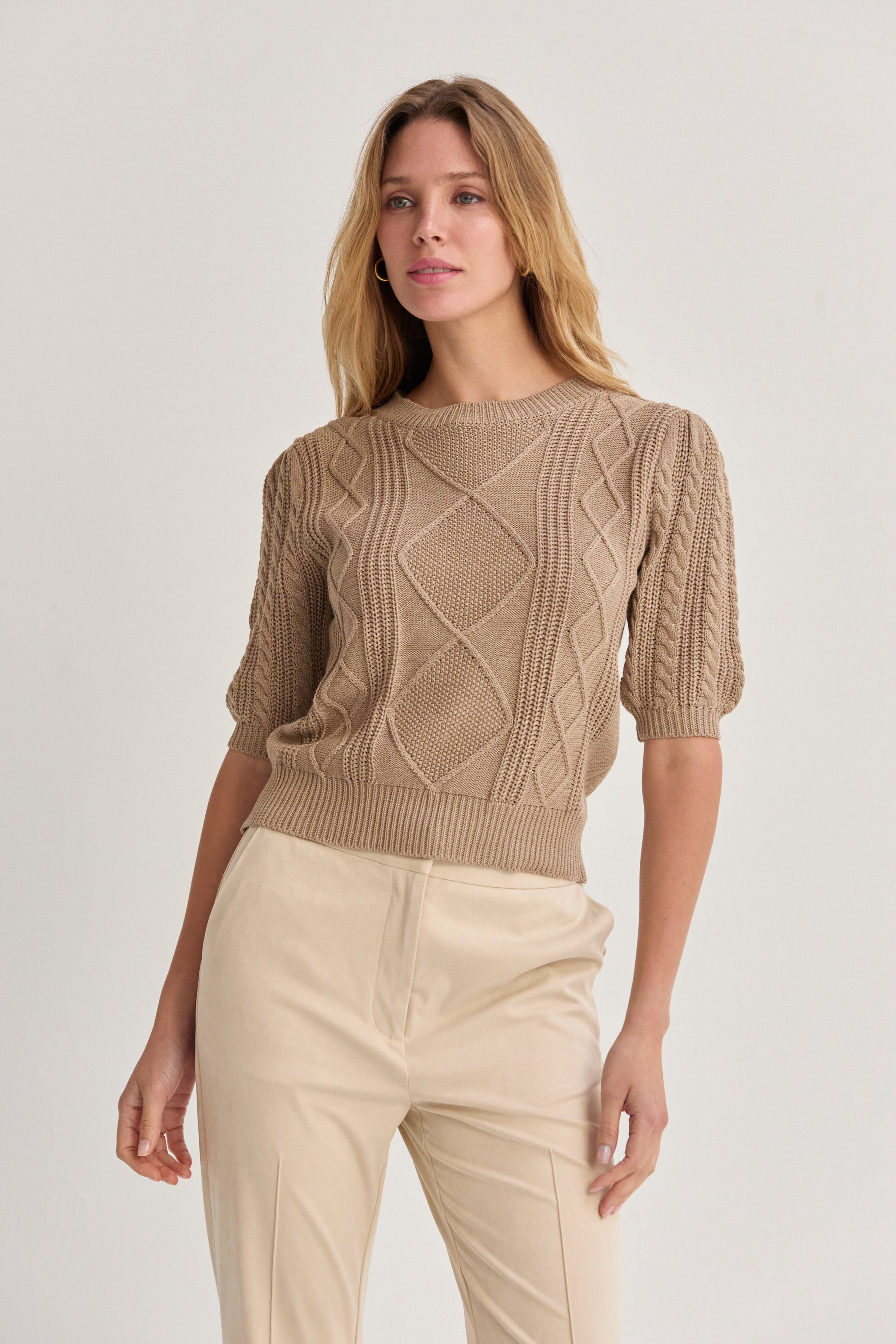 Cable Knit Puff Sleeve Top