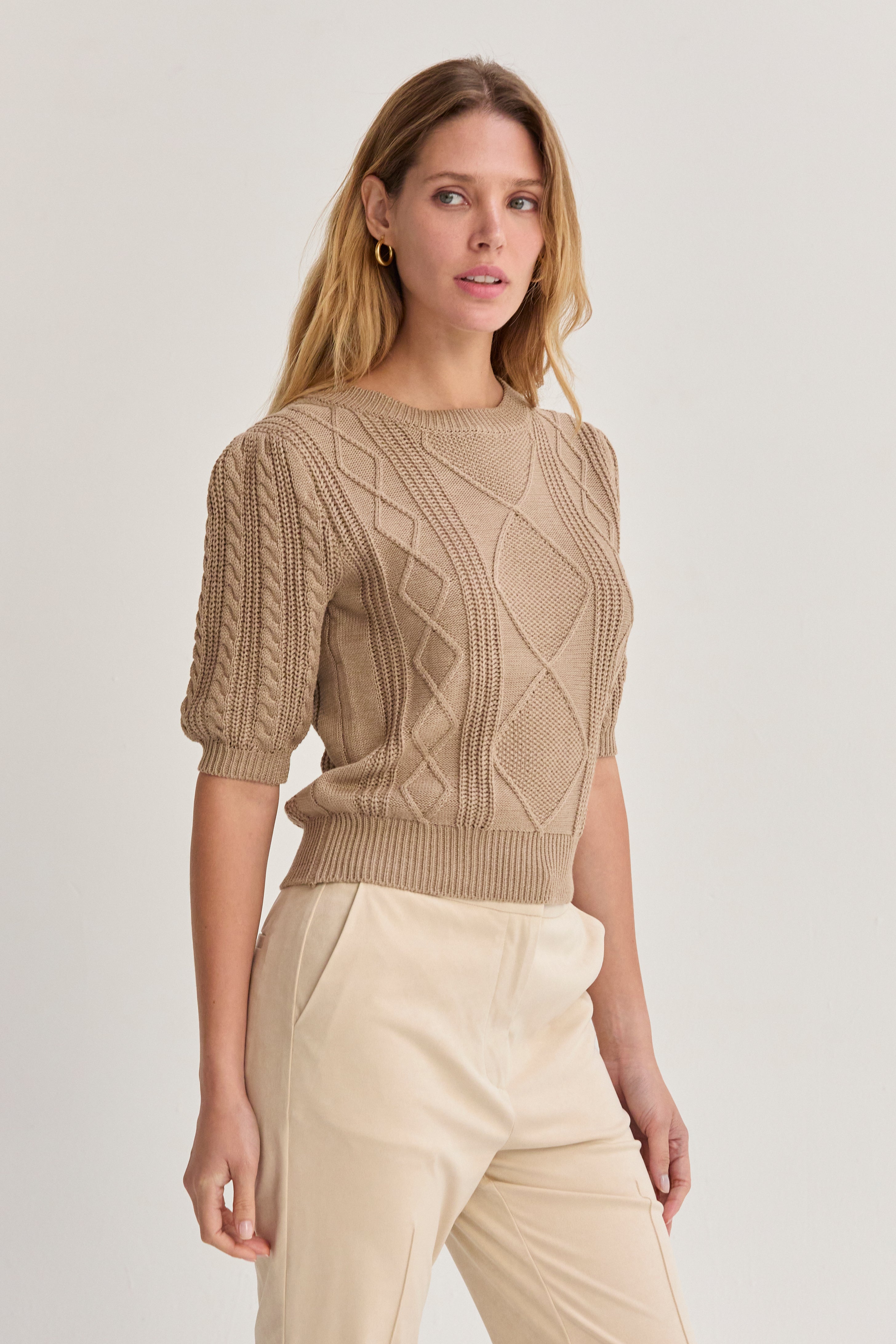 Cable Knit Puff Sleeve Top