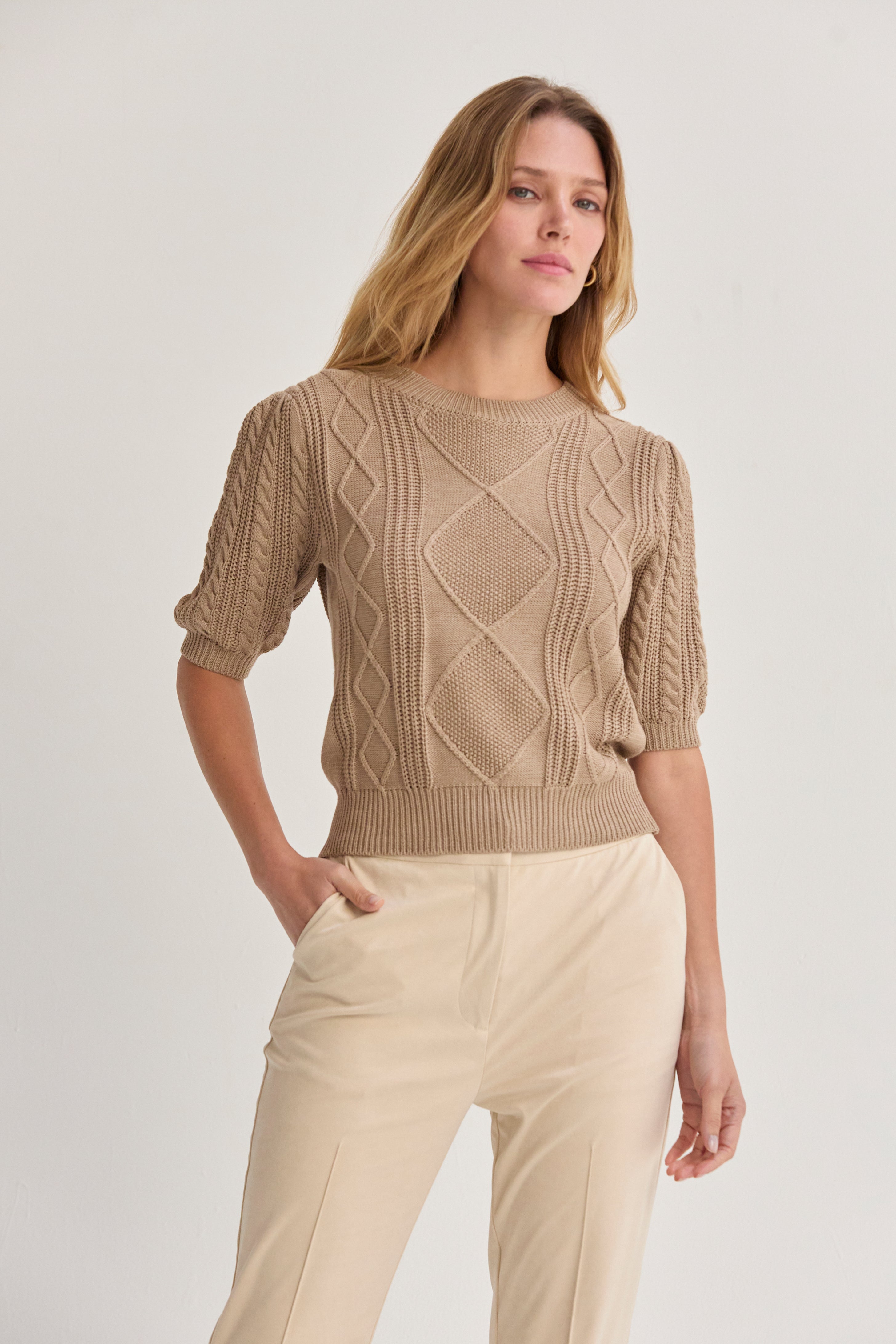 Cable Knit Puff Sleeve Top