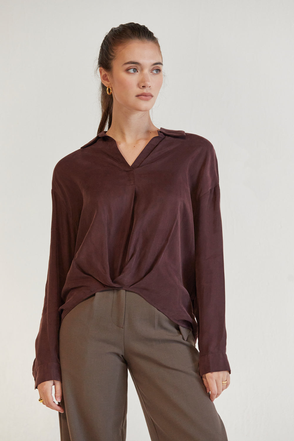 Collared Long Sleeve Cupro Blouse