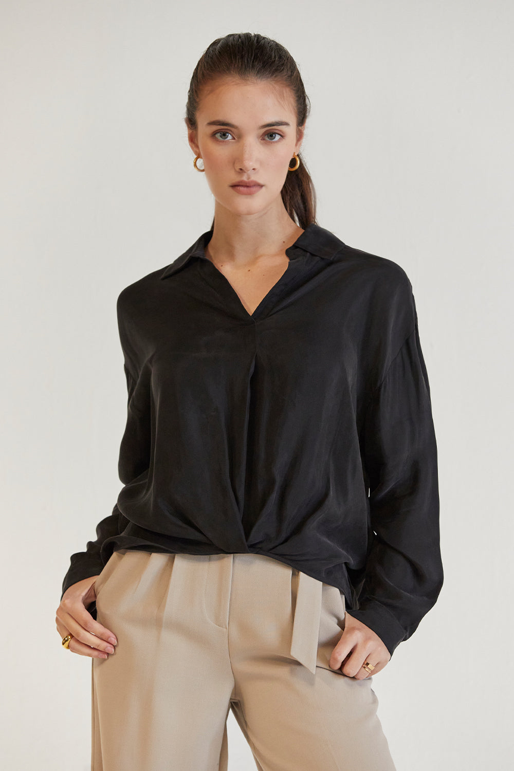Collared Long Sleeve Cupro Blouse