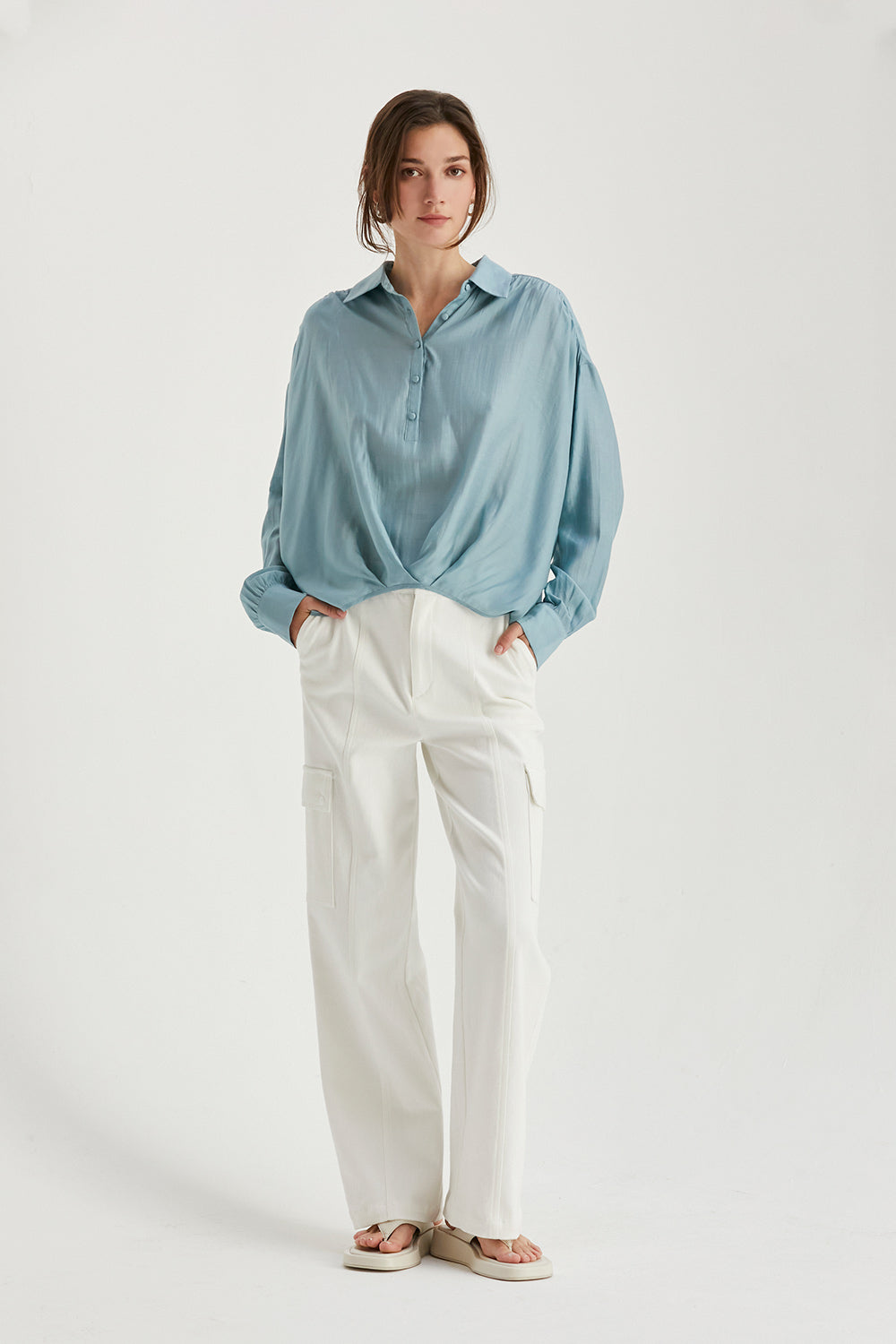 Surplice Woven Long Sleeve Top
