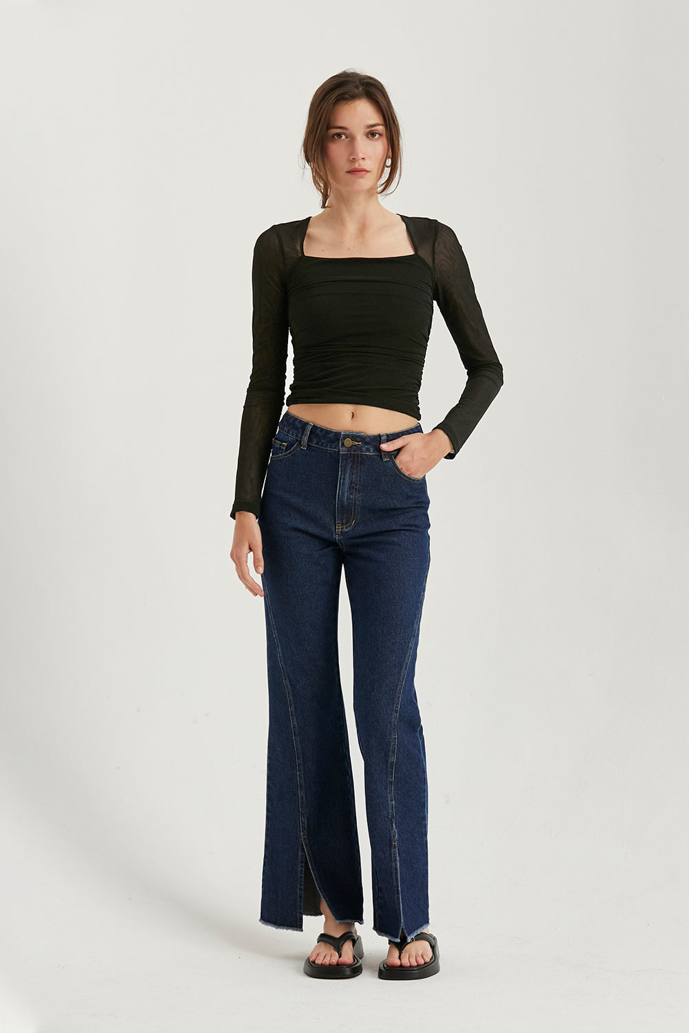 Square Neckline Mesh Long Sleeve Top