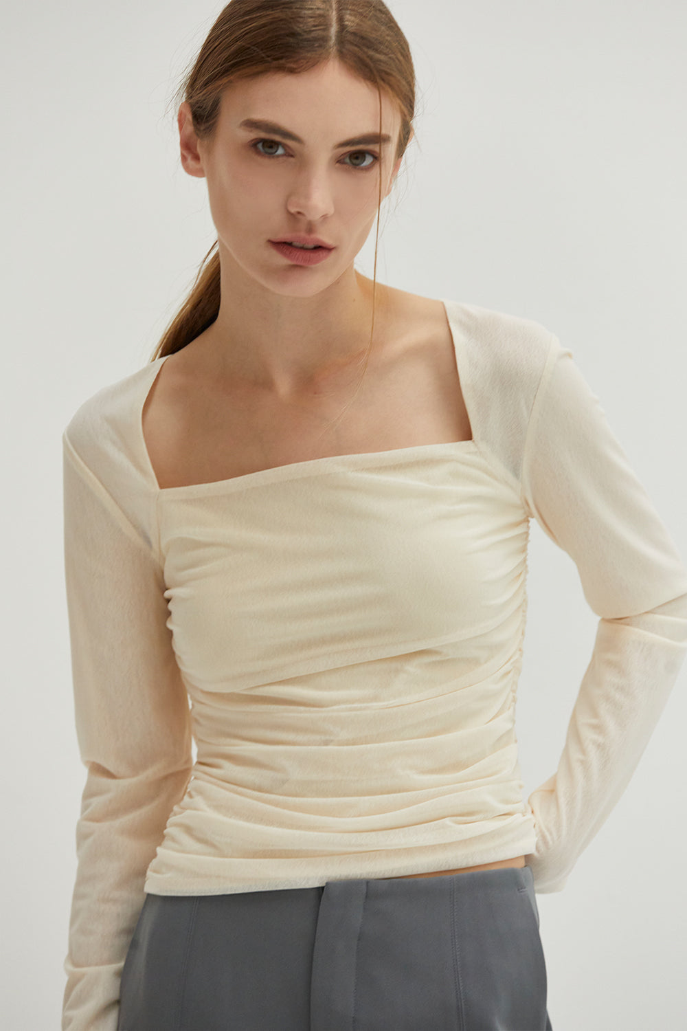 Square Neckline Mesh Long Sleeve Top