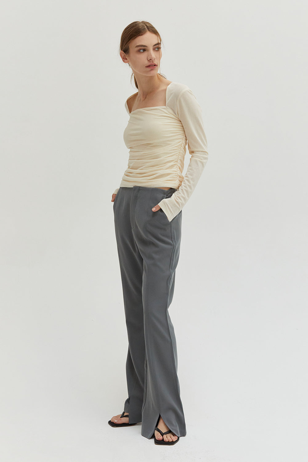 Square Neckline Mesh Long Sleeve Top
