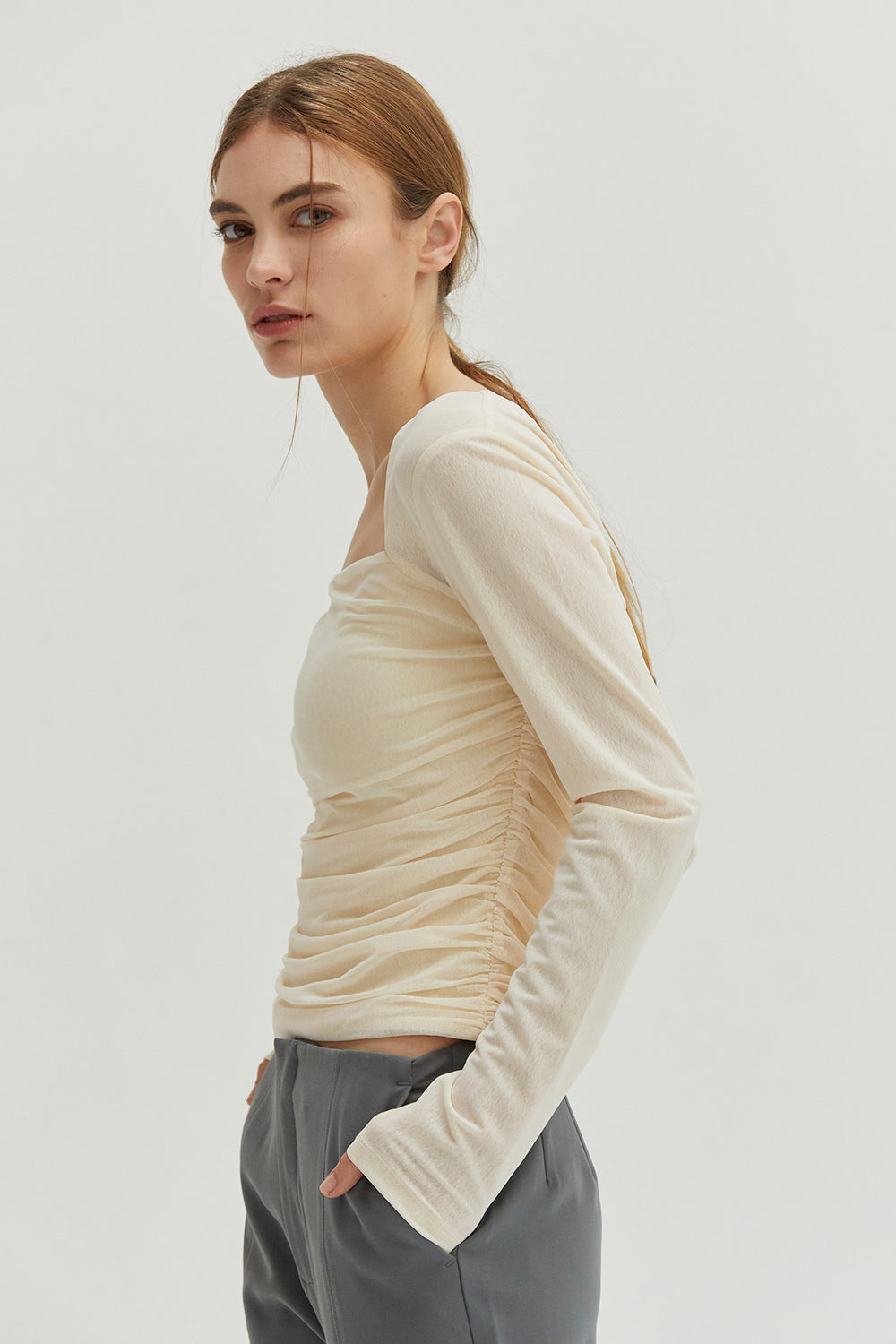 Square Neckline Mesh Long Sleeve Top