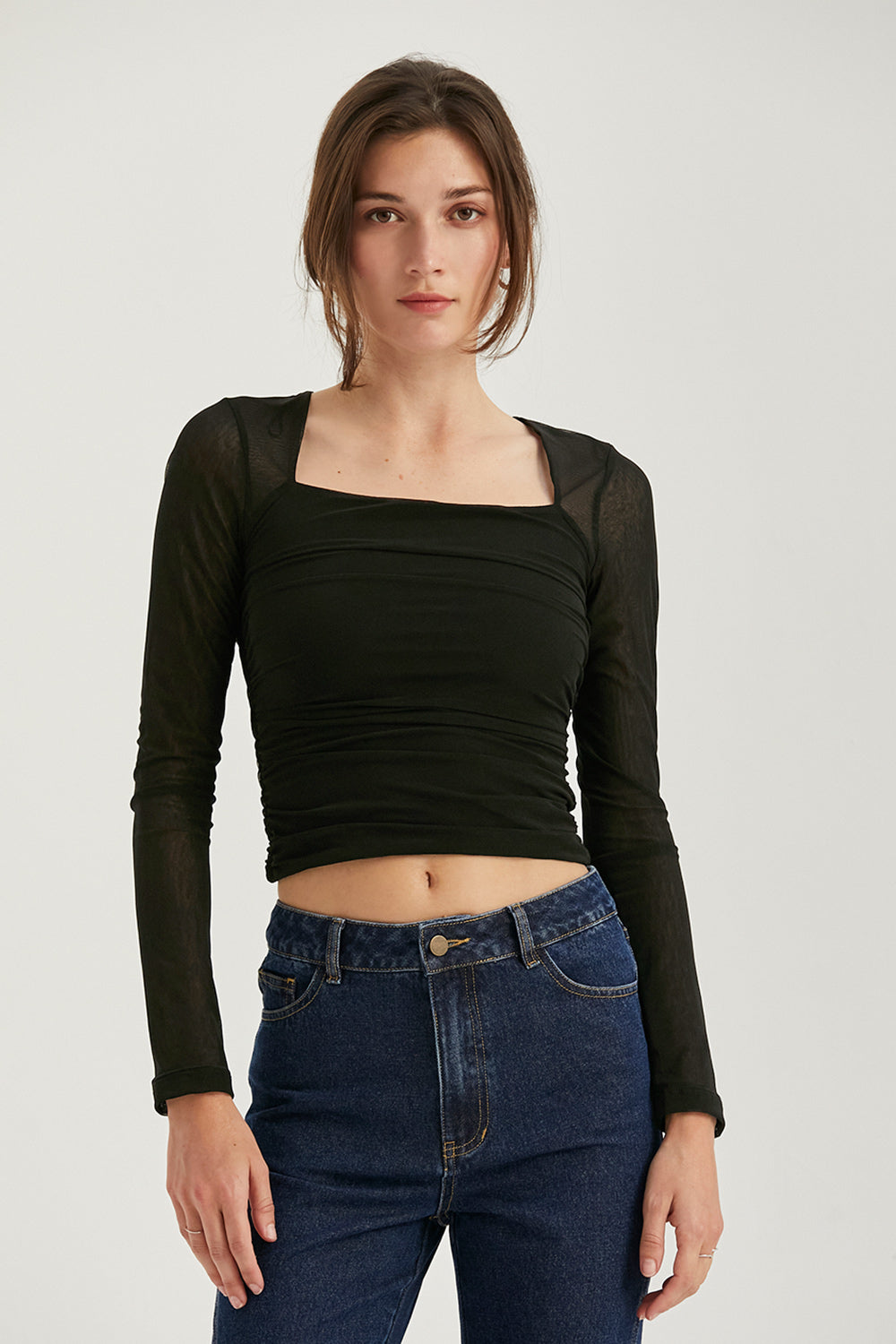 Square Neckline Mesh Long Sleeve Top