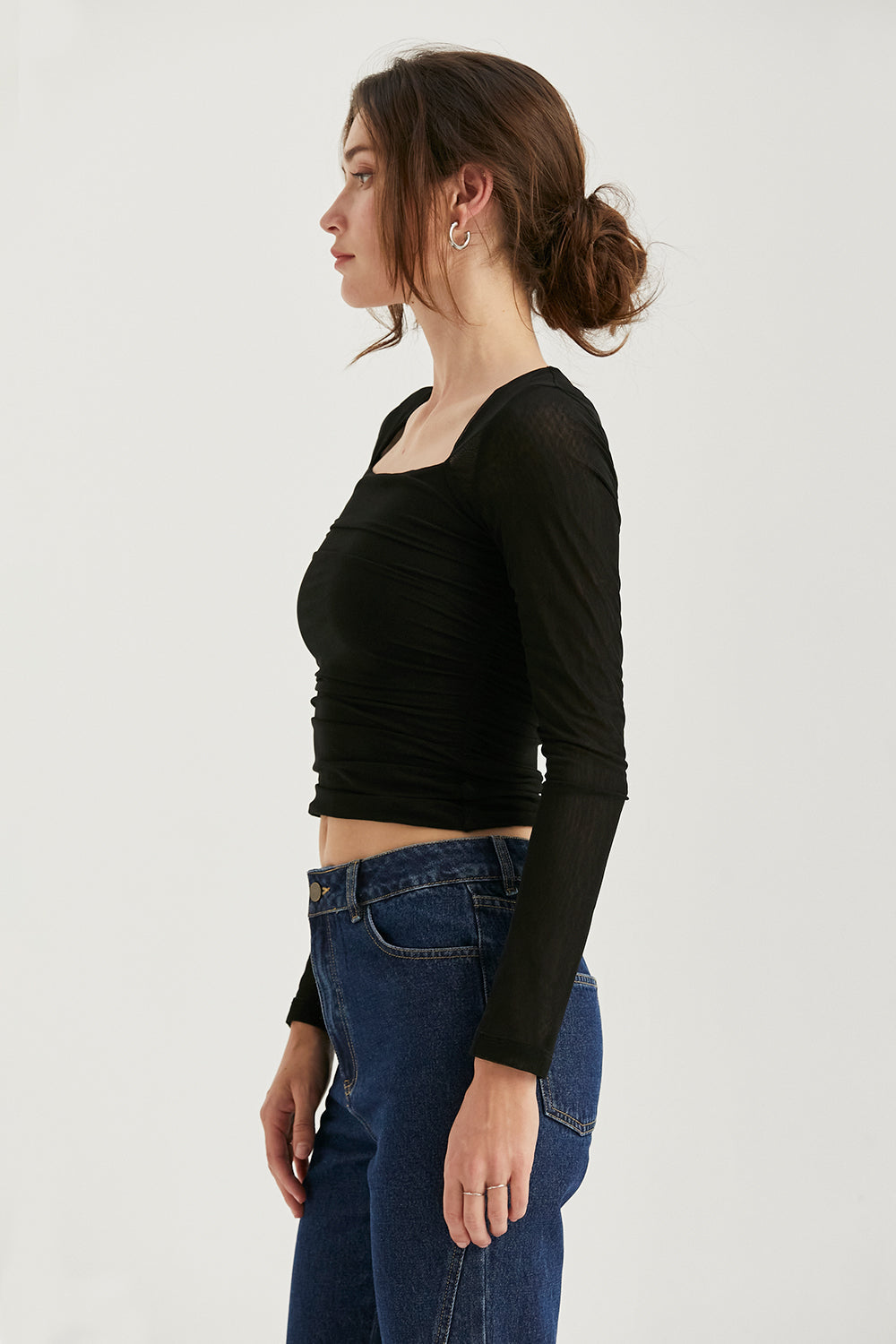 Square Neckline Mesh Long Sleeve Top