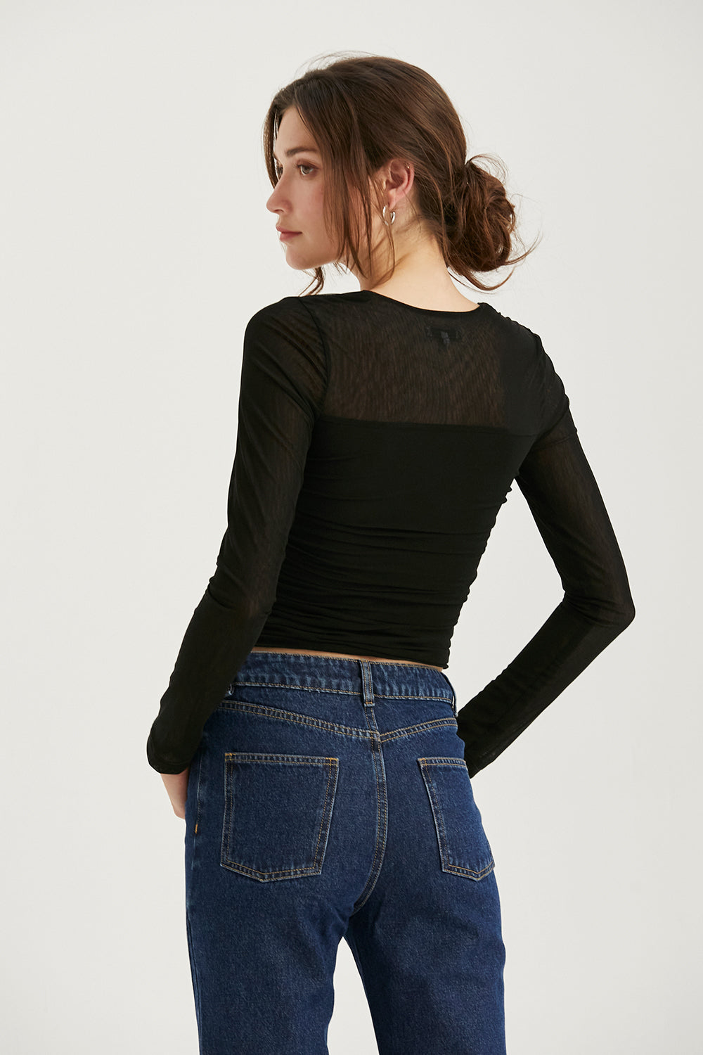Square Neckline Mesh Long Sleeve Top