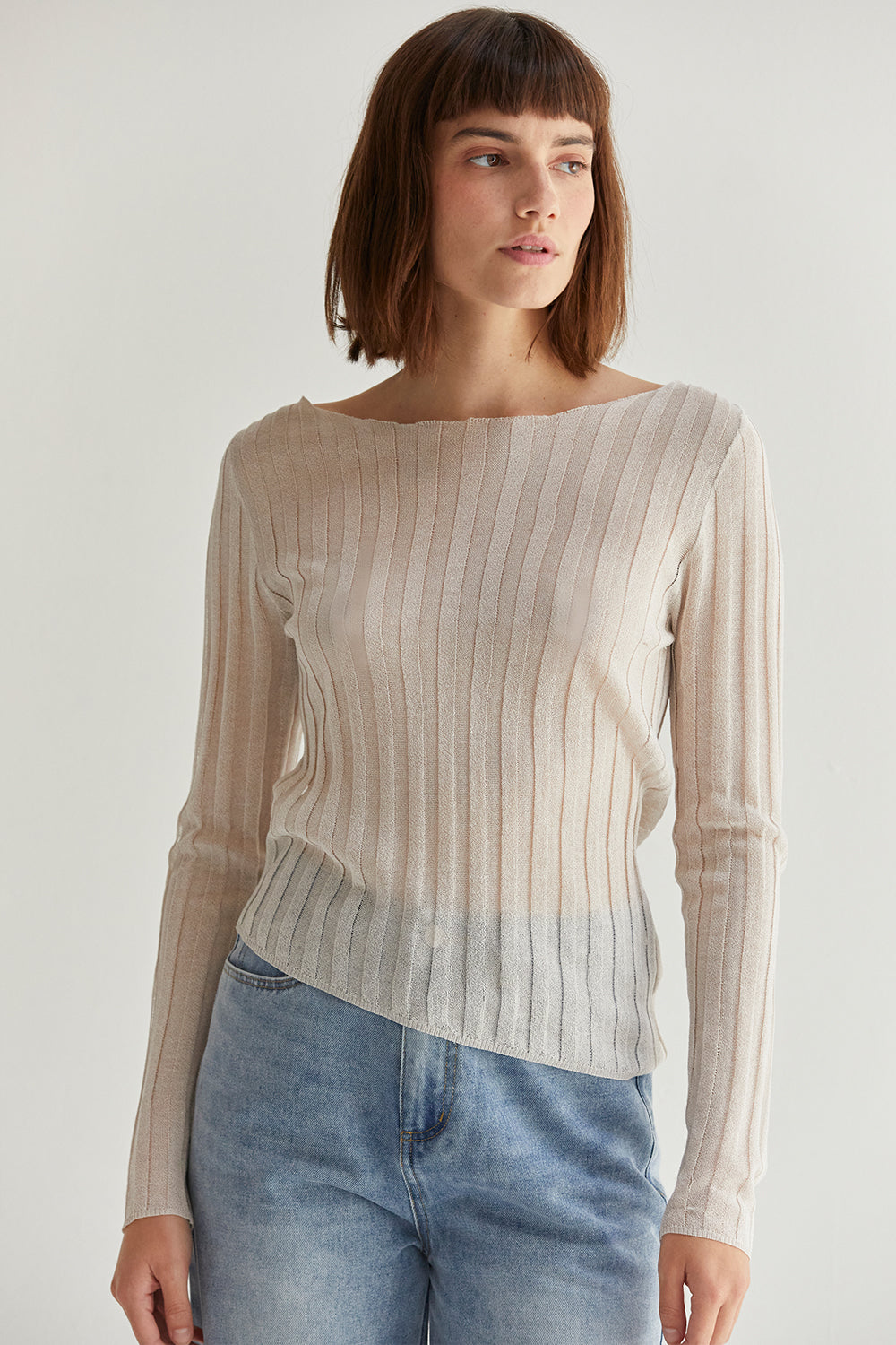 Semi-Sheer Ribbed Knit Long Sleeve Top