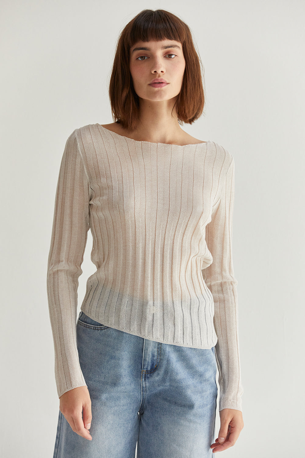 Semi-Sheer Ribbed Knit Long Sleeve Top