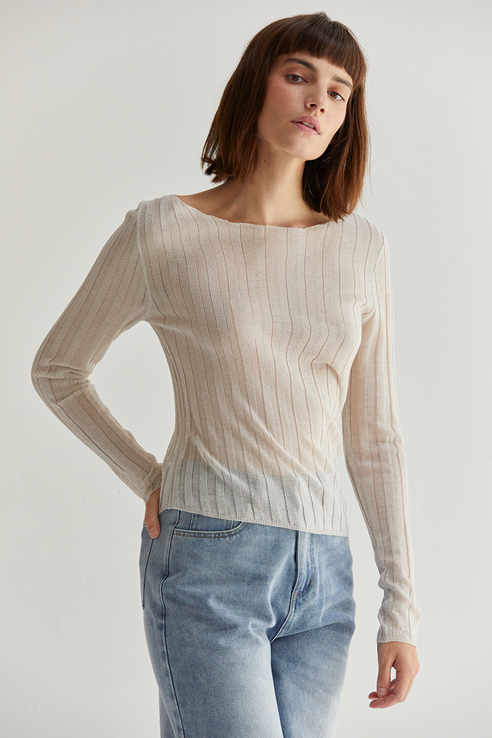 Semi-Sheer Ribbed Knit Long Sleeve Top