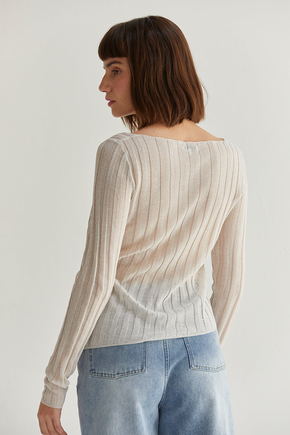 Semi-Sheer Ribbed Knit Long Sleeve Top
