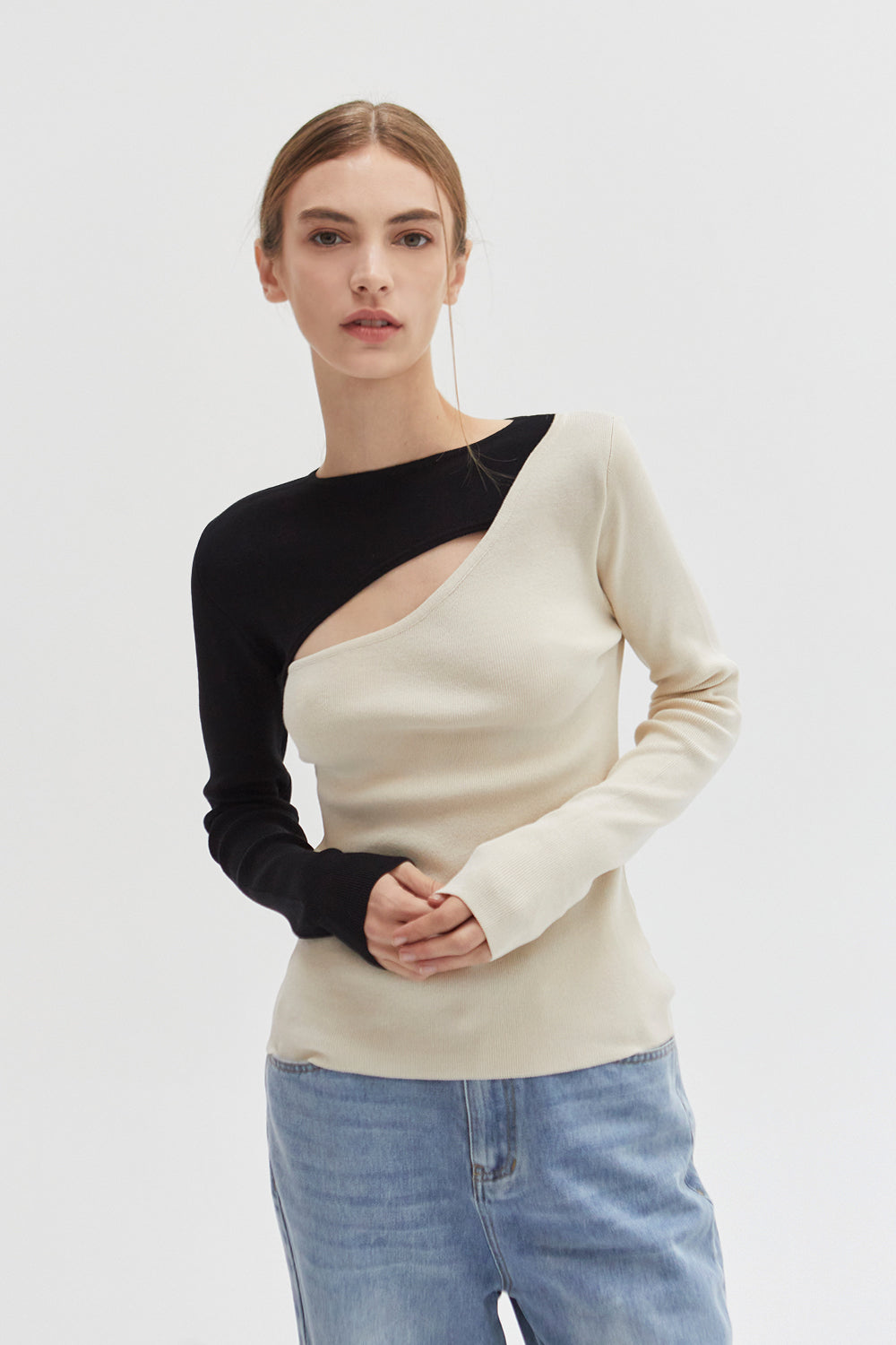 Color Block Cut Out Long Sleeve Knit Top
