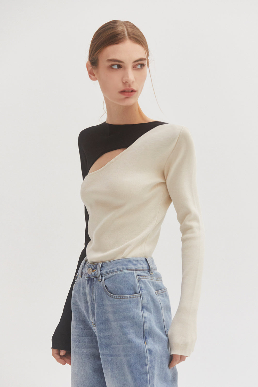 Color Block Cut Out Long Sleeve Knit Top