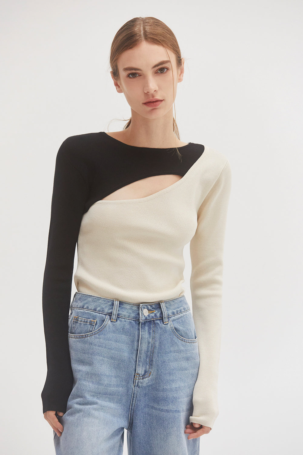 Color Block Cut Out Long Sleeve Knit Top