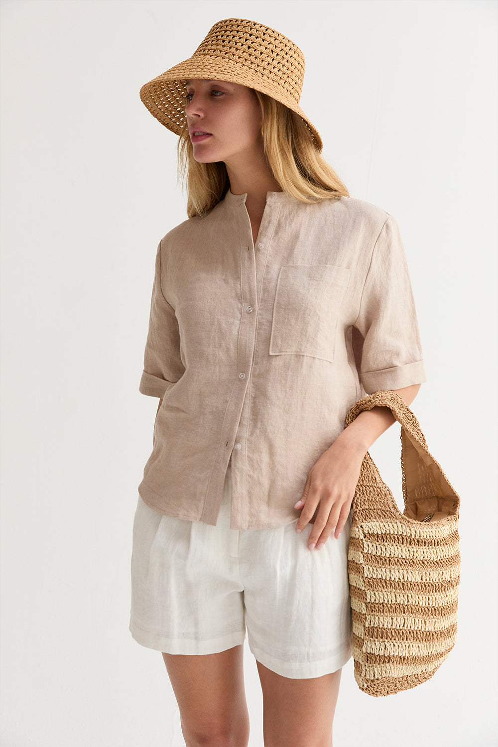 Mandarin Collar Linen Button Up Top