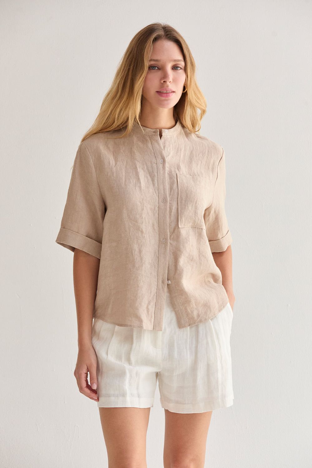 Mandarin Collar Linen Button Up Top