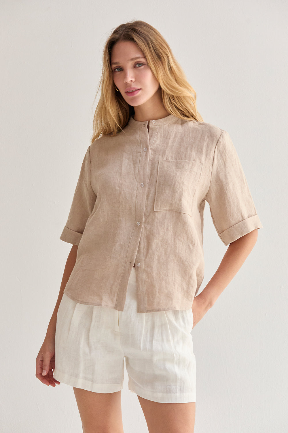 Mandarin Collar Linen Button Up Top