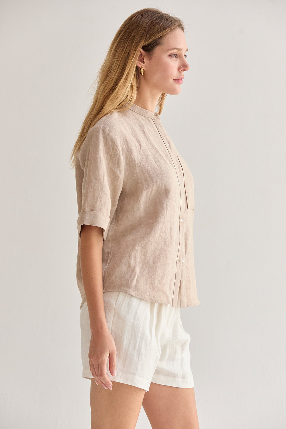 Mandarin Collar Linen Button Up Top