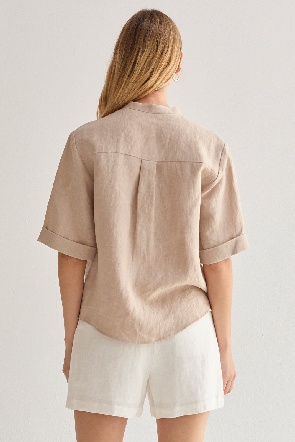 Mandarin Collar Linen Button Up Top