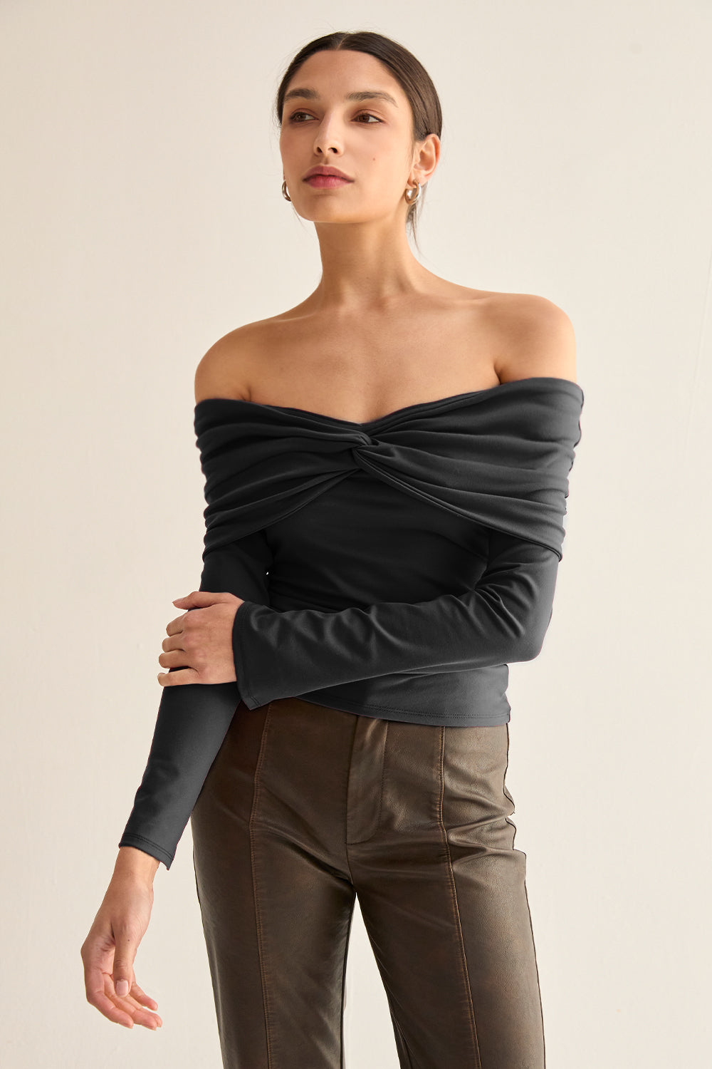 Front Twist Off Shoulder Knit Top
