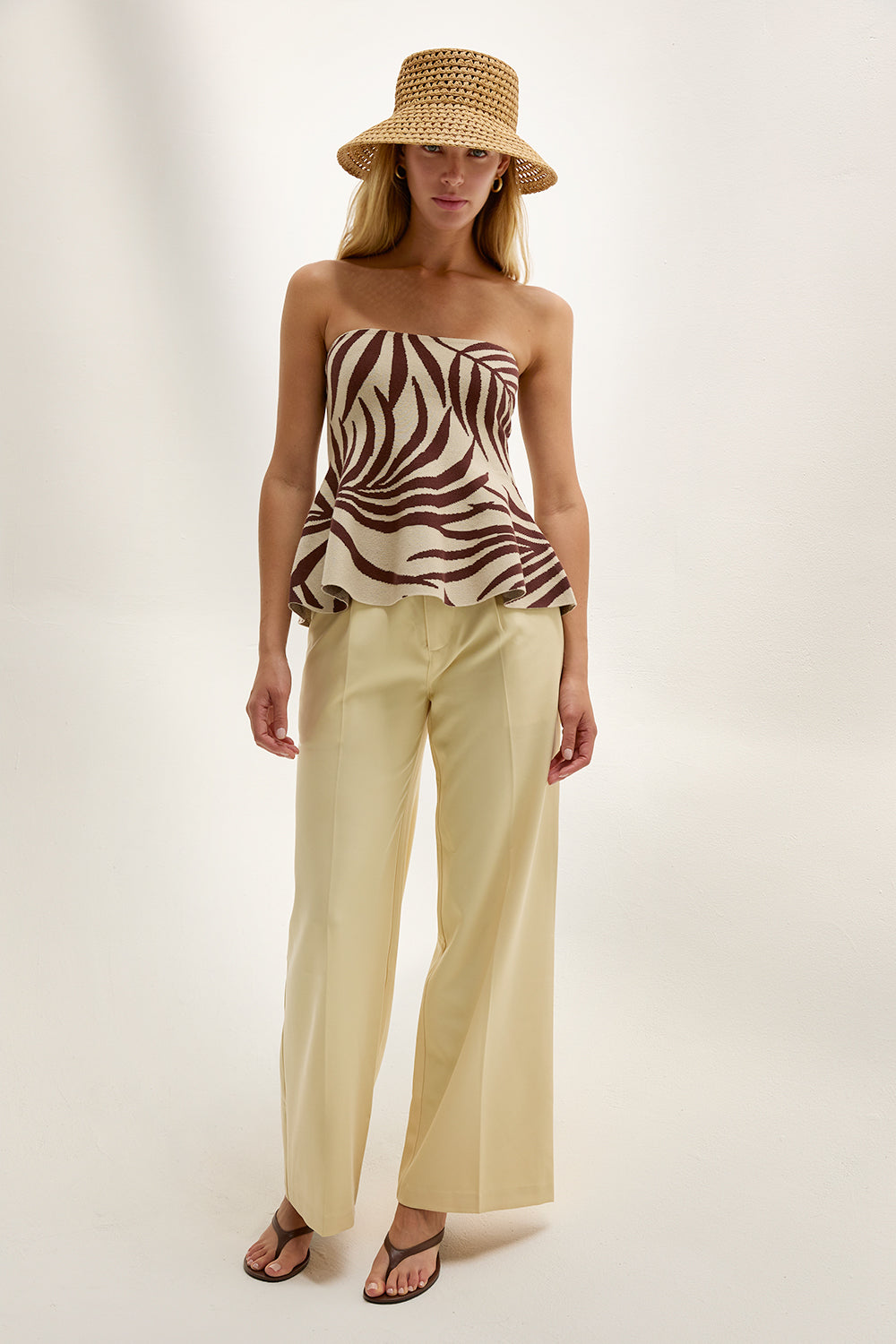 Leaf Print Jacquard Knit Peplum Top