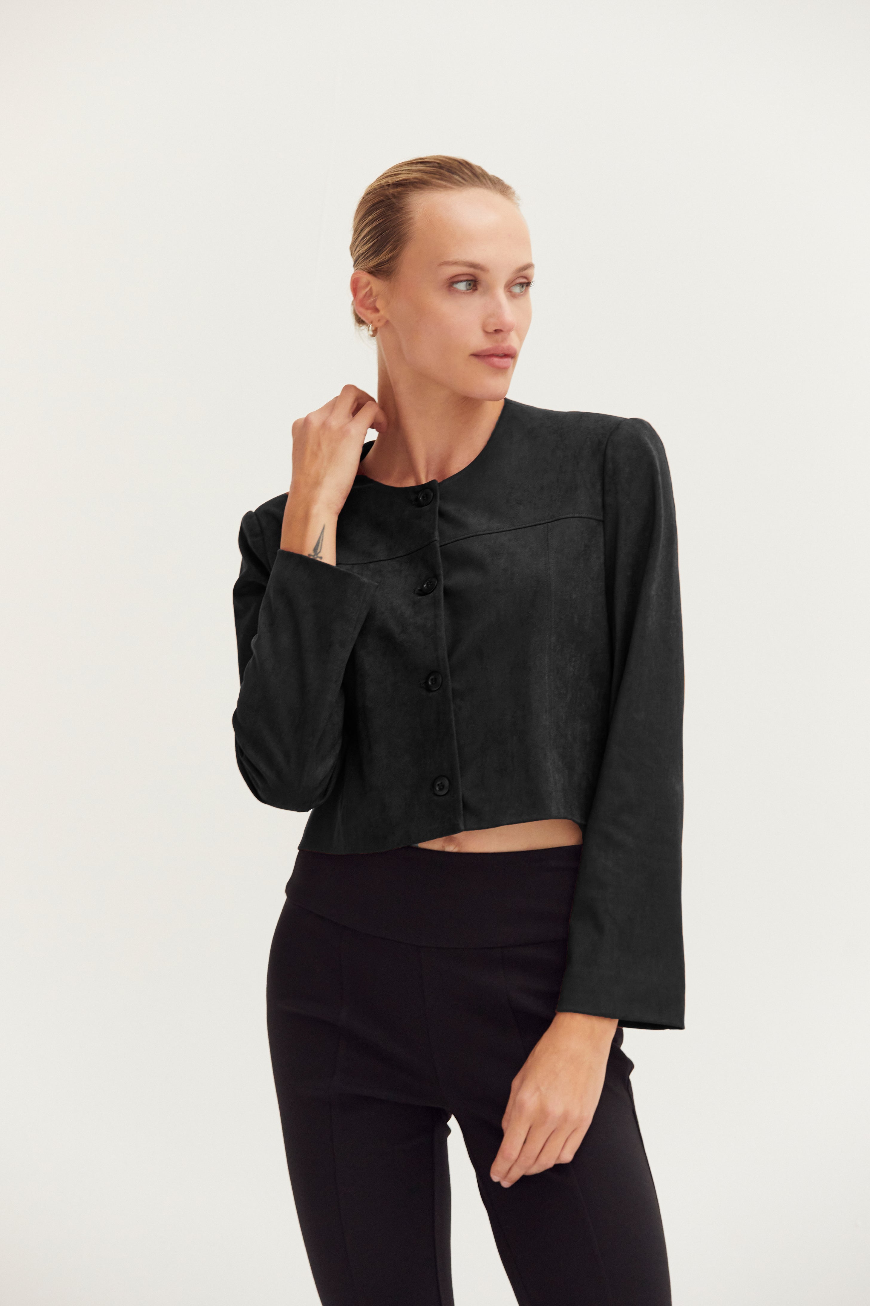 Vegan Suede Collarless Cropped Jacket