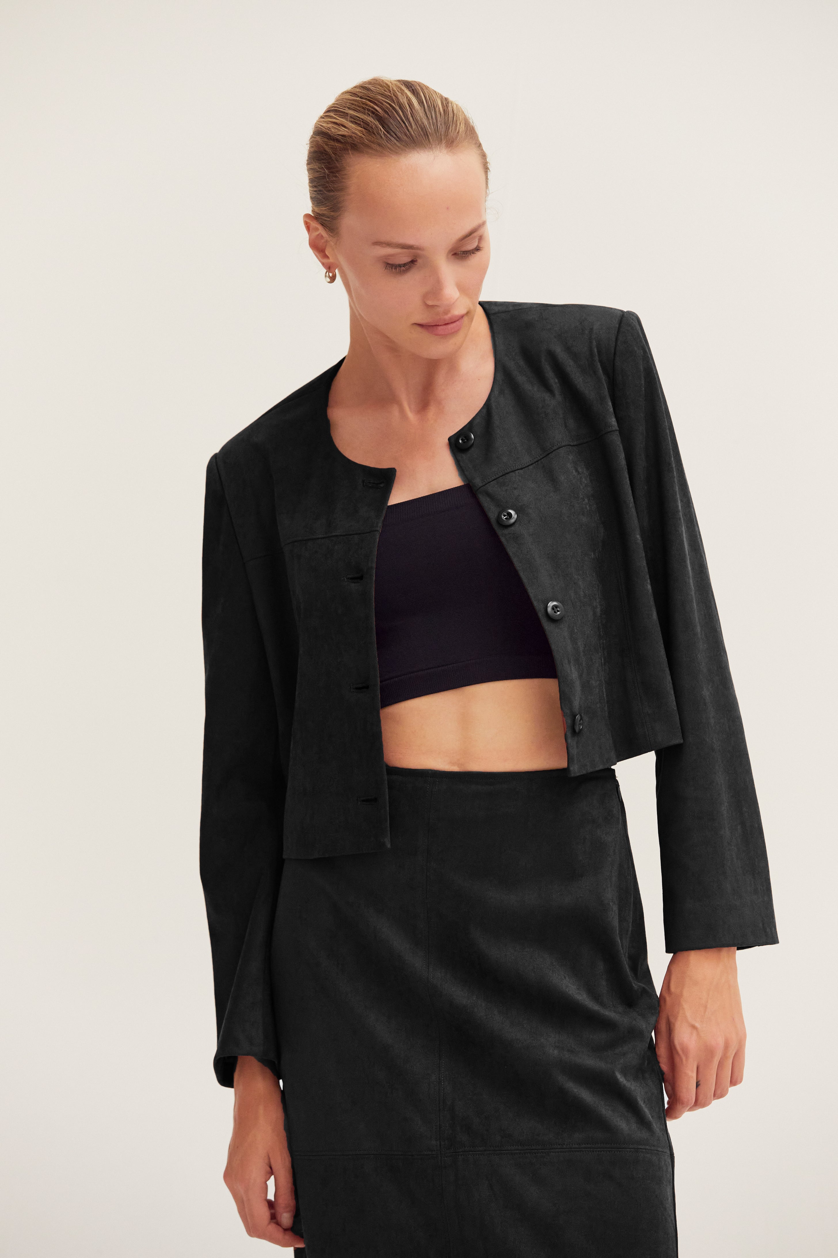 Vegan Suede Collarless Cropped Jacket