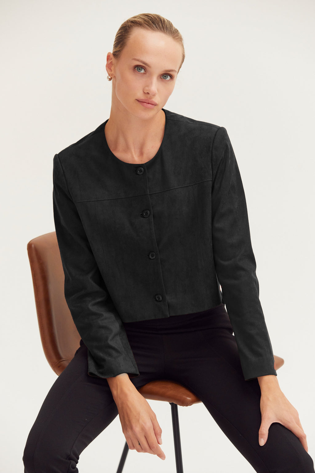 Vegan Suede Collarless Cropped Jacket