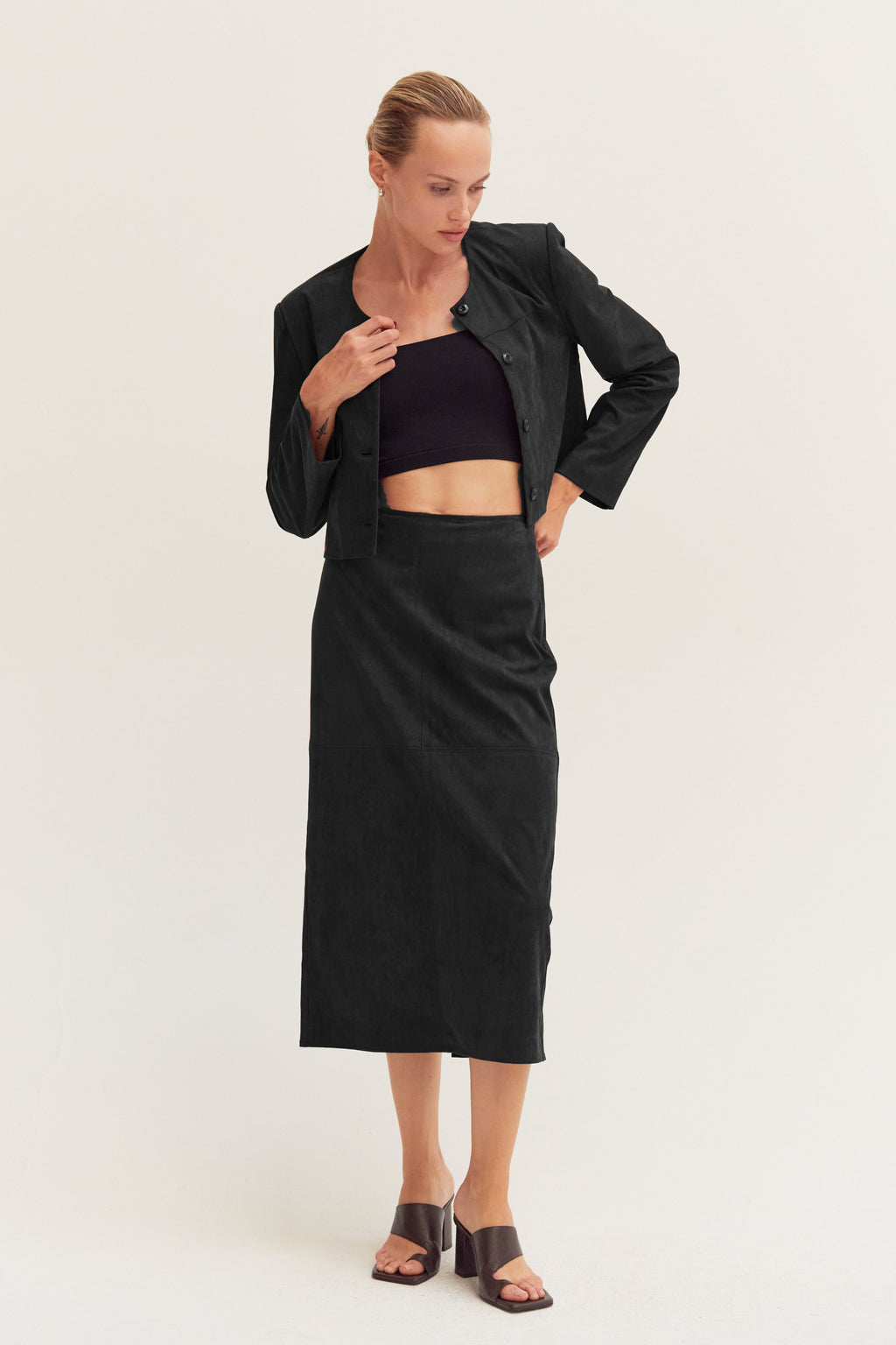 Vegan Suede Collarless Cropped Jacket
