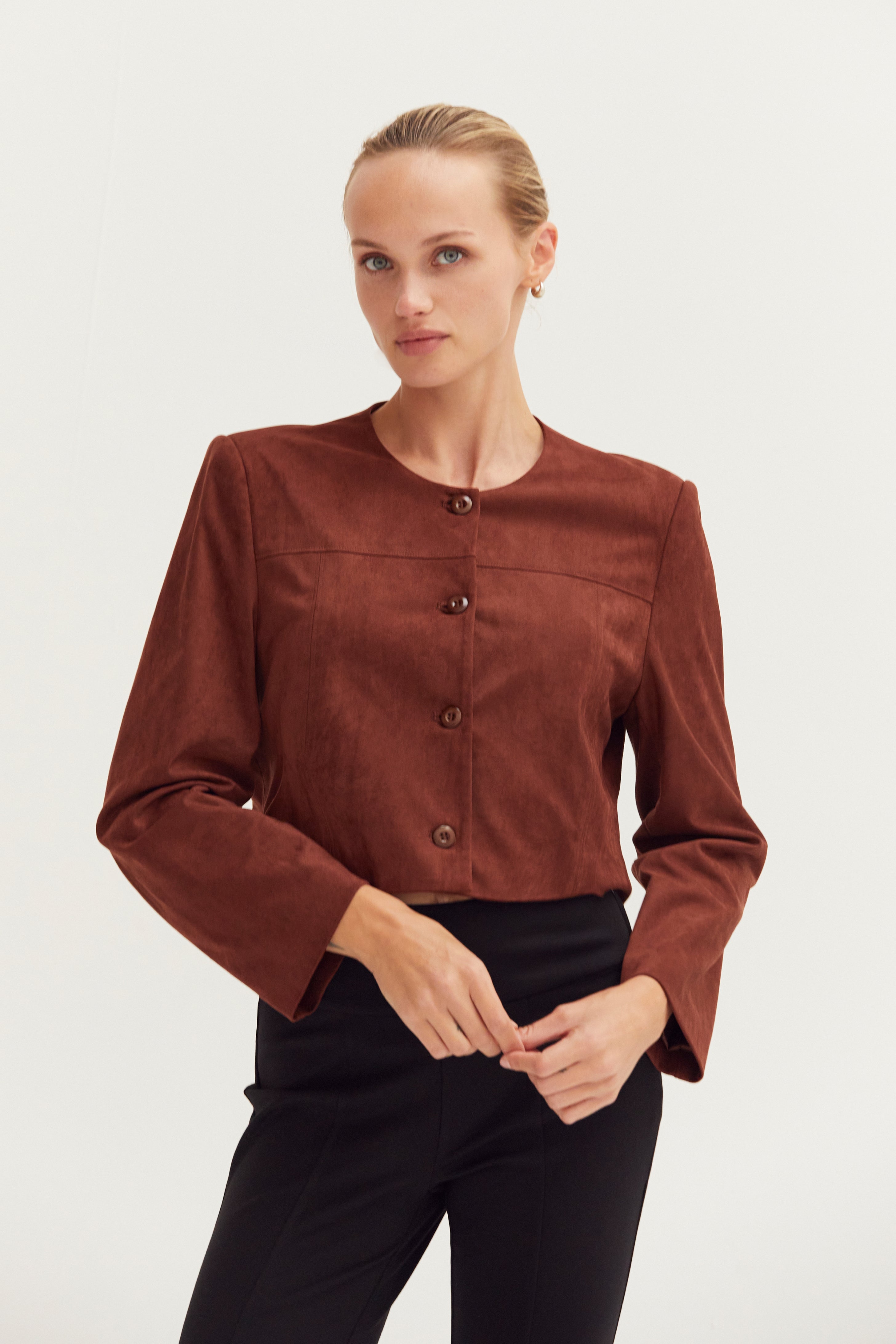 Vegan Suede Collarless Cropped Jacket