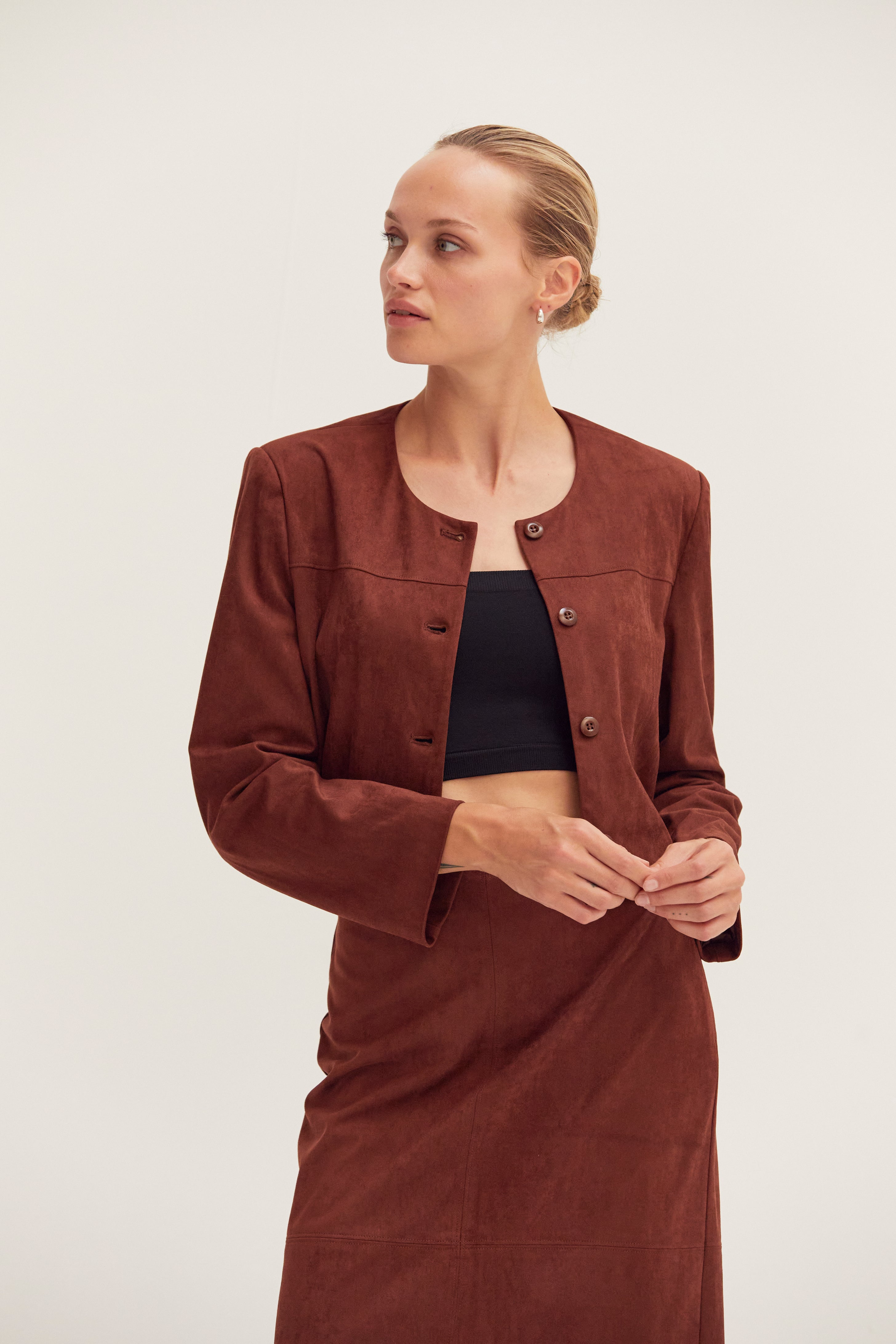 Vegan Suede Collarless Cropped Jacket