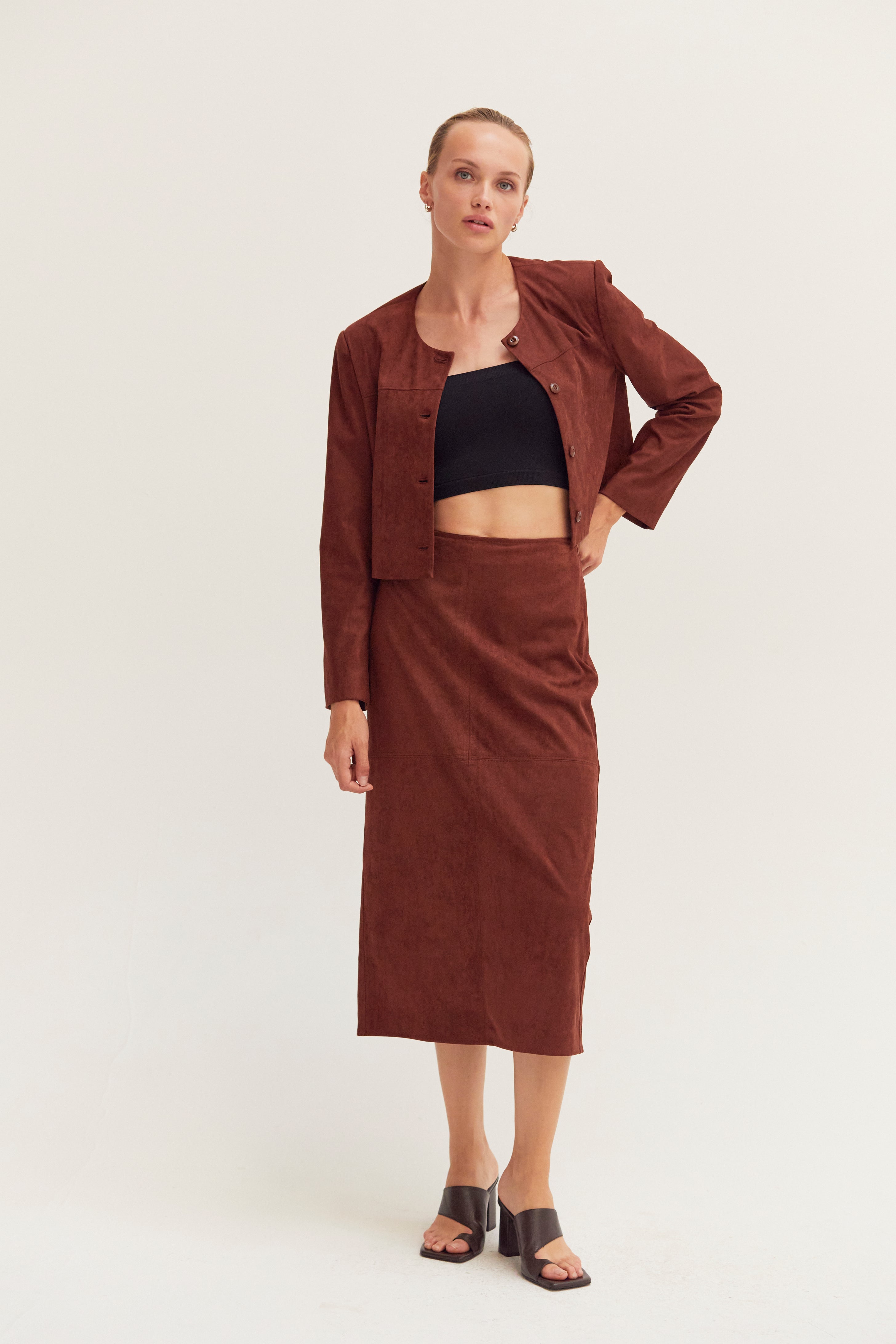 Vegan Suede Collarless Cropped Jacket