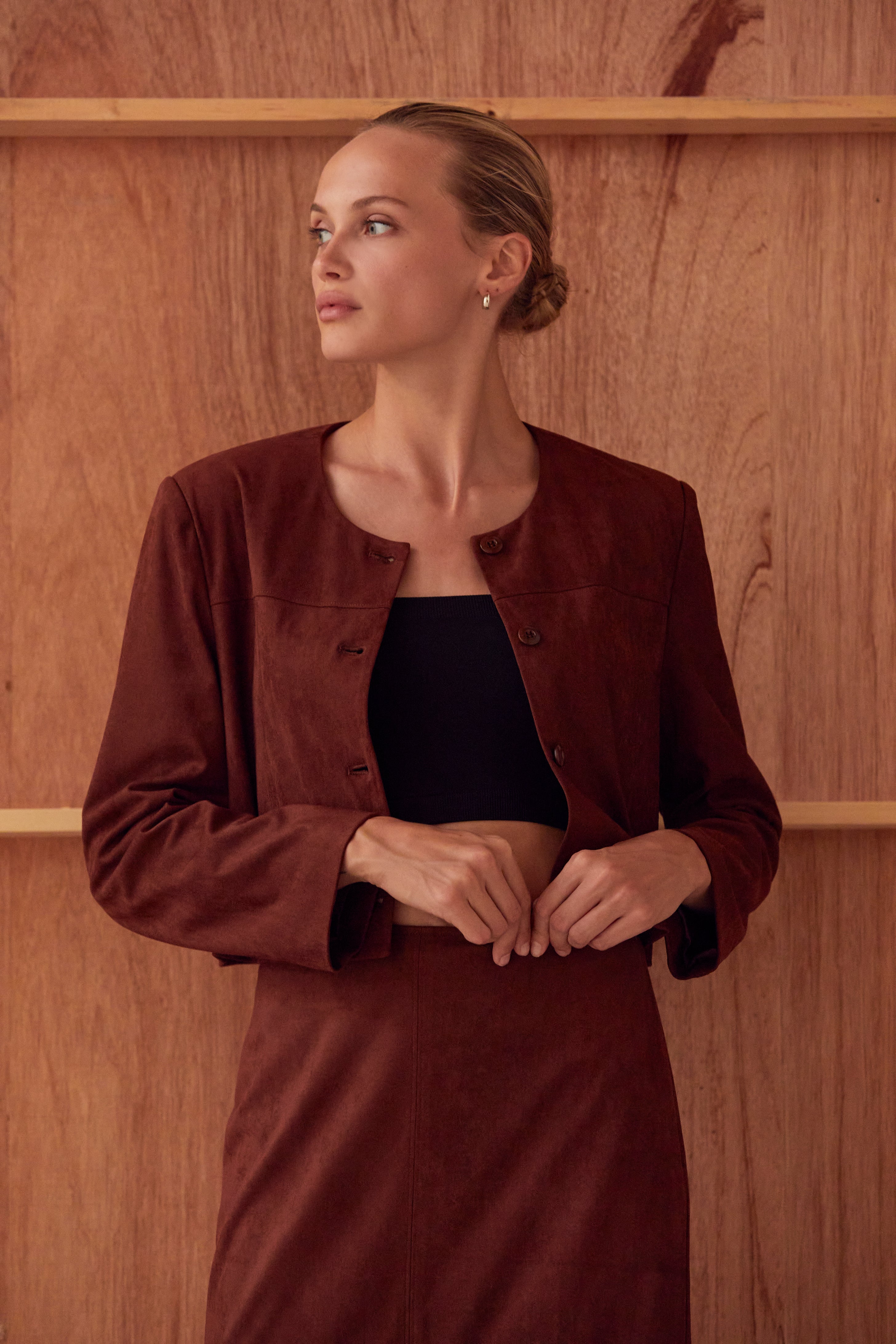 Vegan Suede Collarless Cropped Jacket