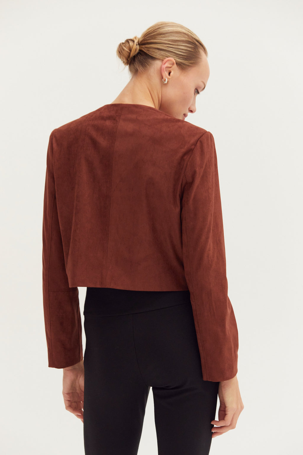 Vegan Suede Collarless Cropped Jacket