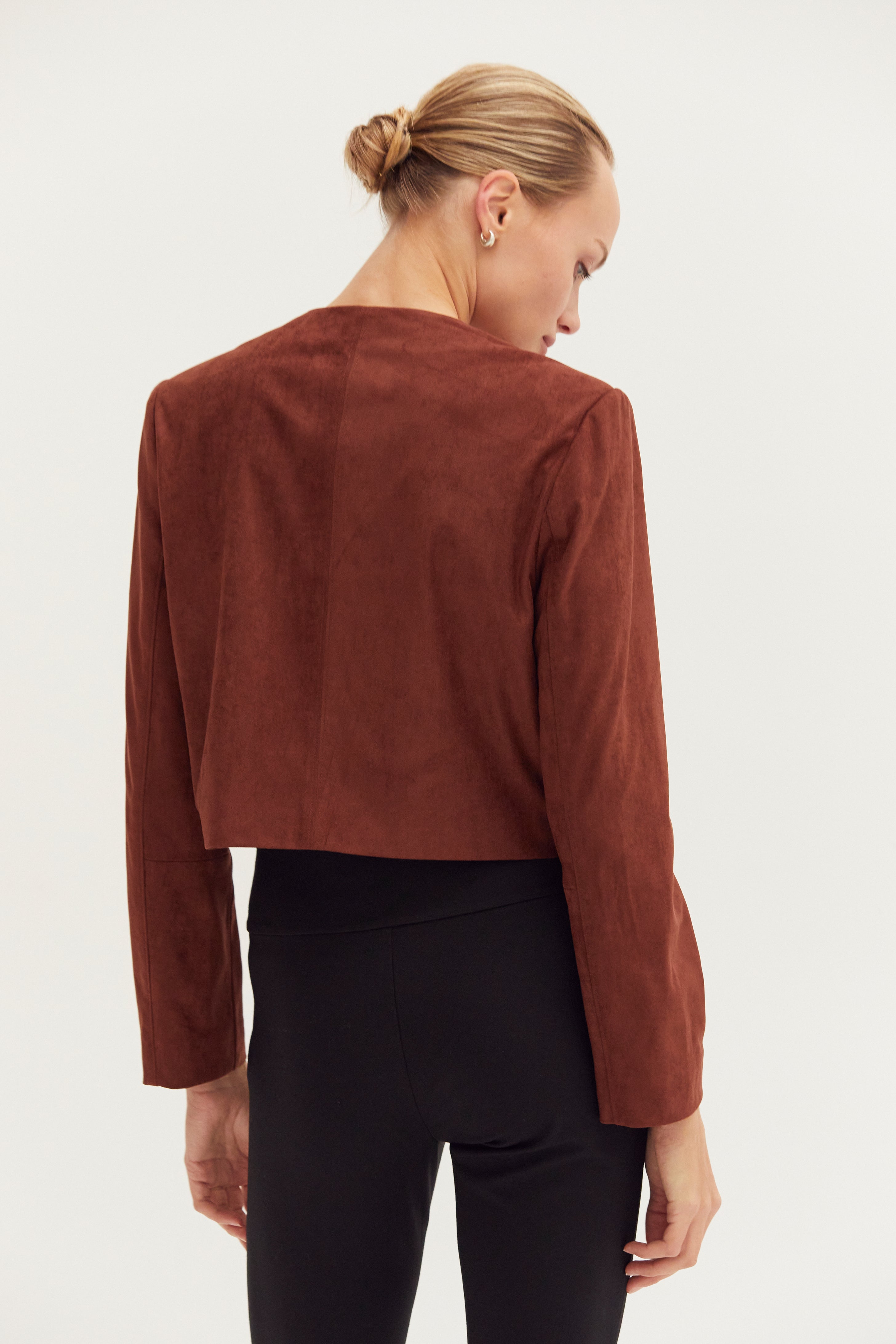 Vegan Suede Collarless Cropped Jacket