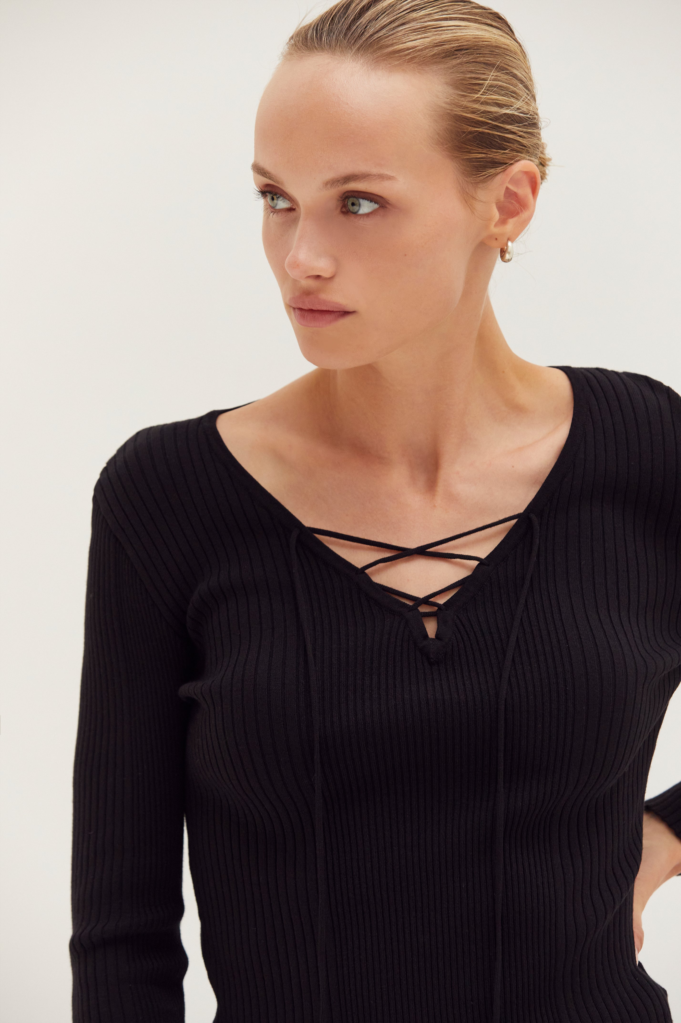 Lace Up Ribbed Knit Top