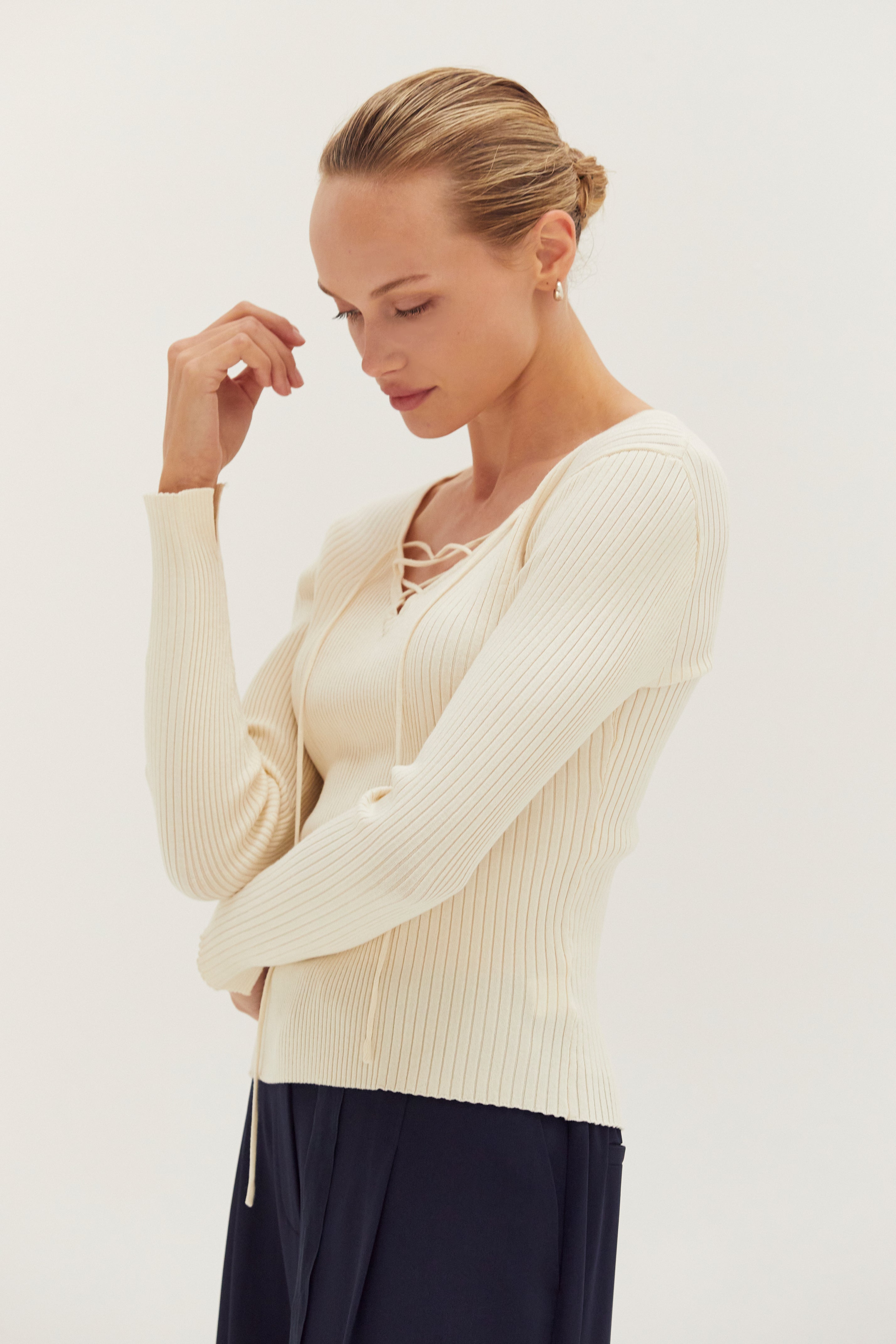 Lace Up Ribbed Knit Top